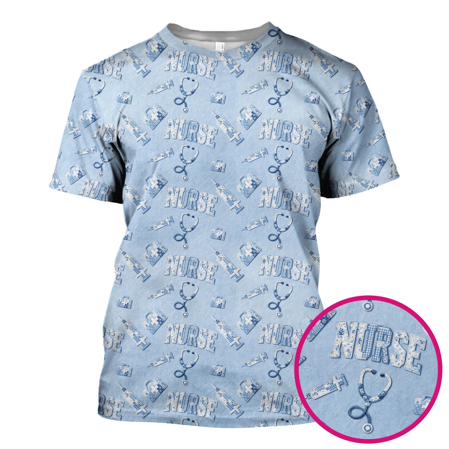 Blue Nurse Medical Pattern Scrub Top for Women, Breathable Nursing Uniform