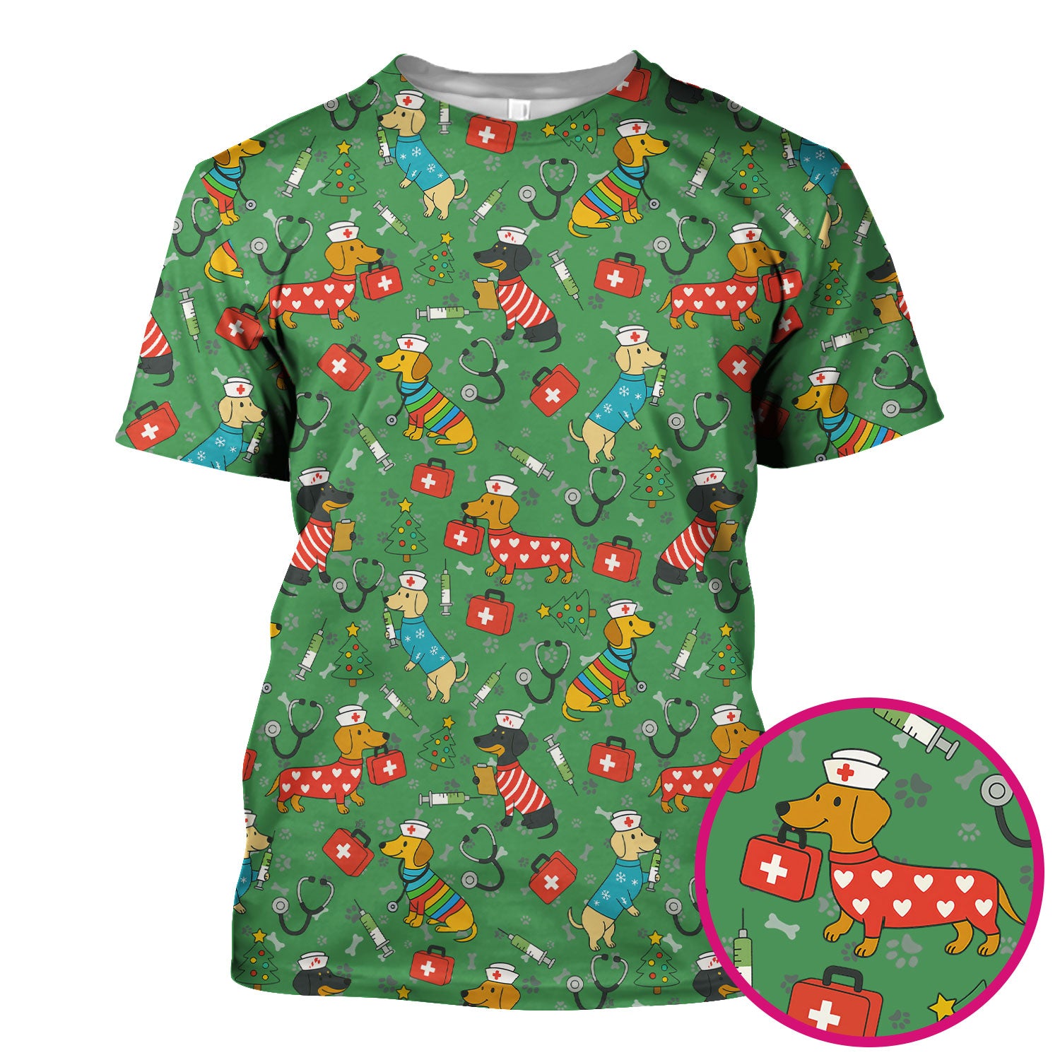 Funny Dachshund Scrub Shirt - Christmas Dog Print Scrubs Multi Color - Holiday Nurse Scrub Top Gift for Women, Men, CNA, RN, Medical Staff
