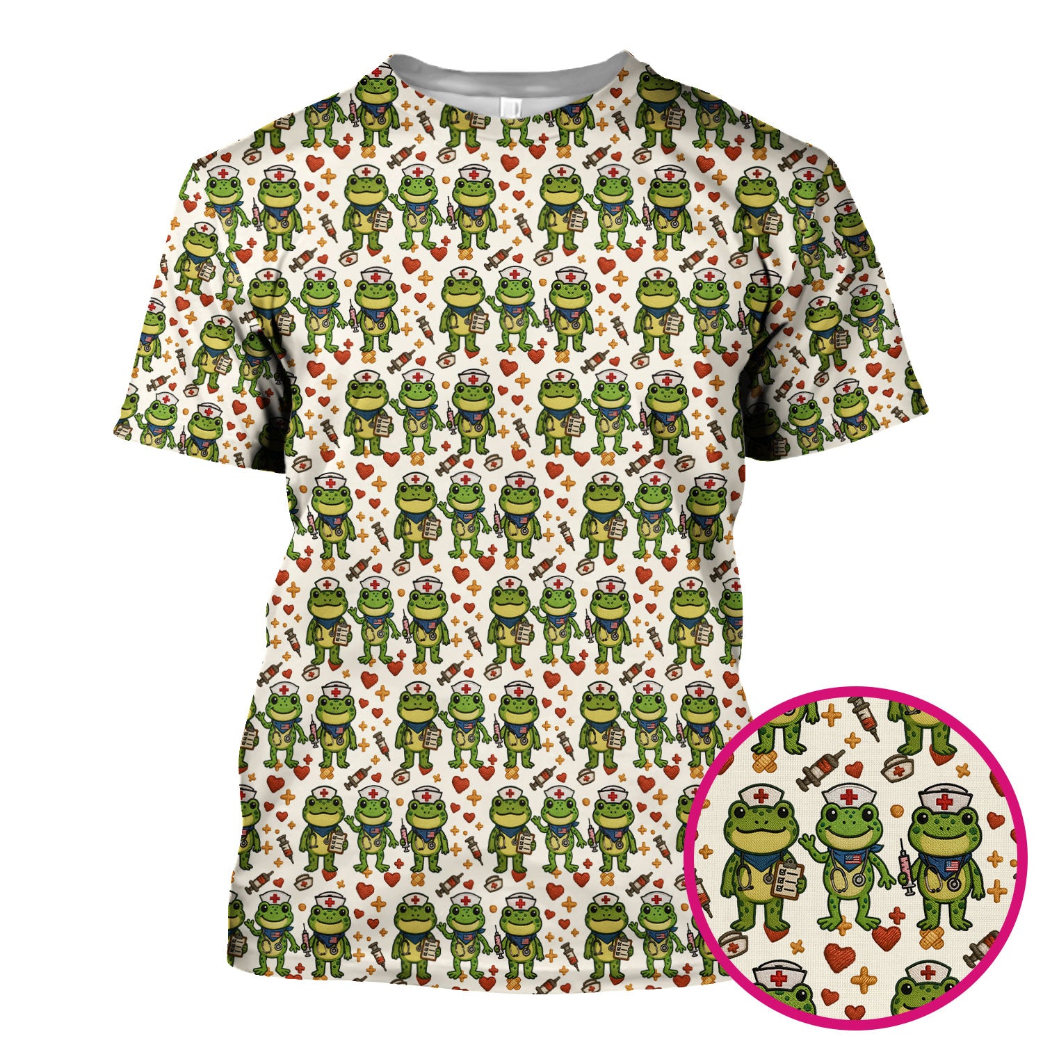 Frog Pattern Scrub Top, Cute Frog Scrub Shirt, Breathable Fabrics Nursing Uniform
