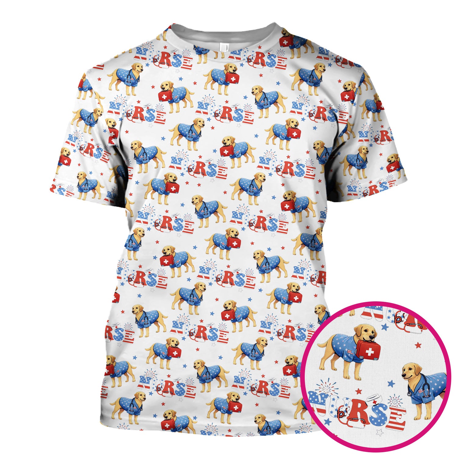 Patriotic Nurse Dog Medical Pattern Scrub Top, Breathable Fabrics Nursing Uniform