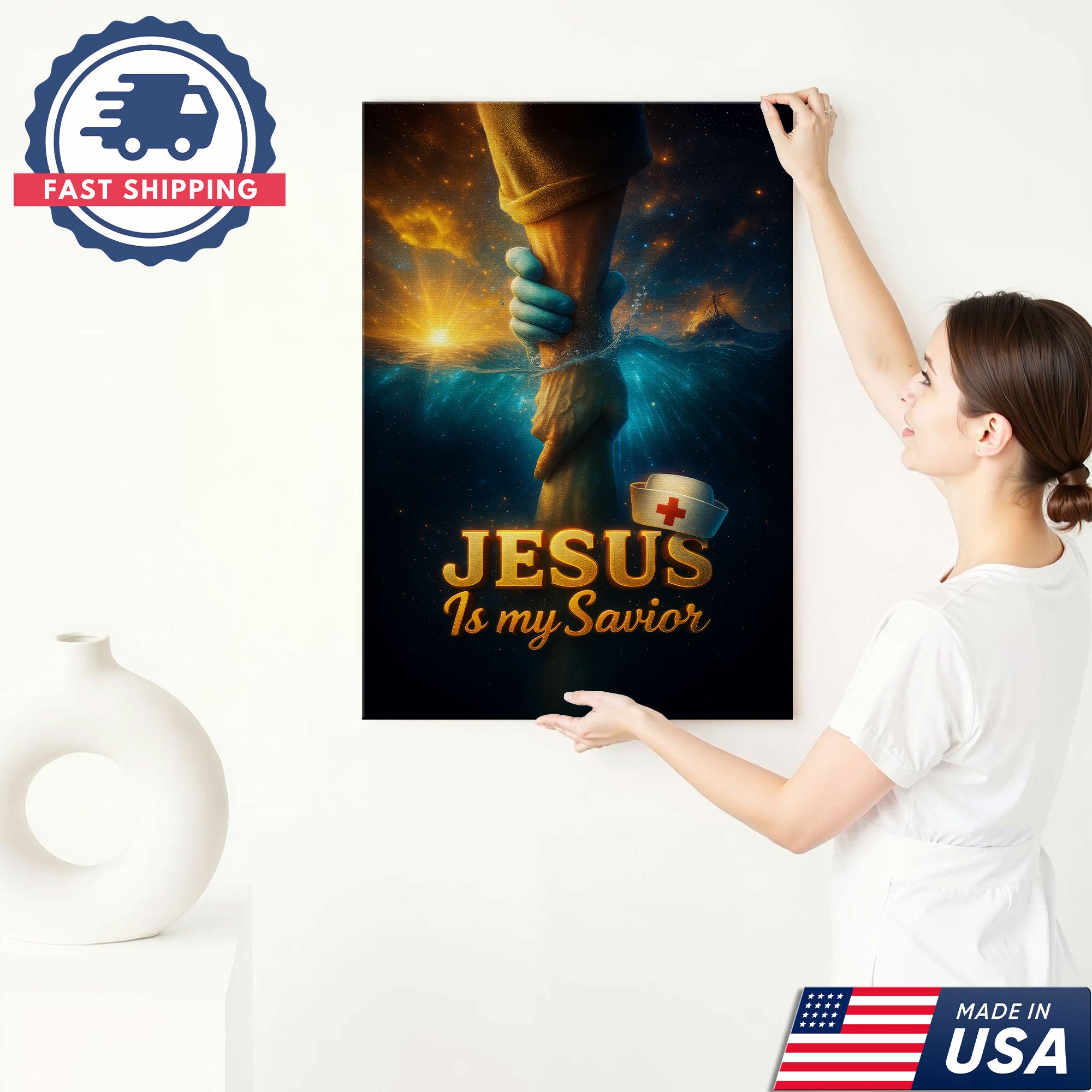 Jesus Is My Savior Nurse Canvas, Christian Faith Gift for RN LPN CNA, Religious Home Decoration