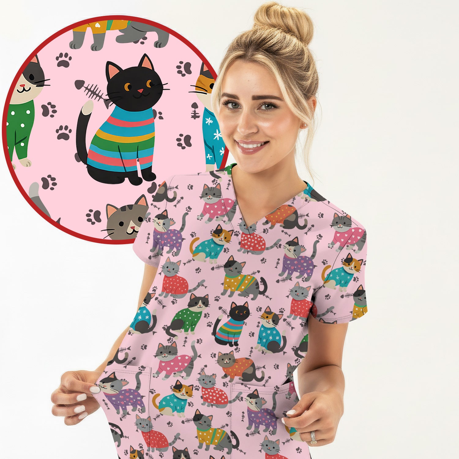 Custom Cat Scrub Top Multi Color - Cute Kitty Print Scrub Shirt for Nurses - Funny Colorful Nursing Workwear with Pockets
