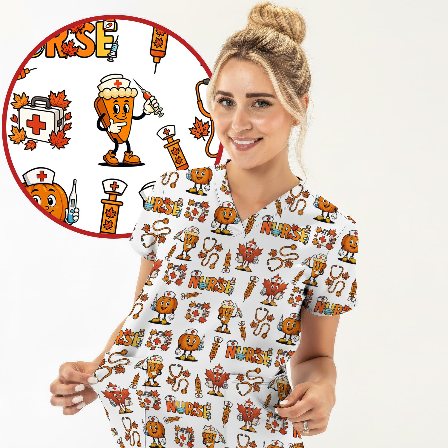 Pumpkin Nurse Scrubs Top for Women - Cute Halloween Nursing Shirt - Funny Fall Scrub Top for Nurses and Medical Workers
