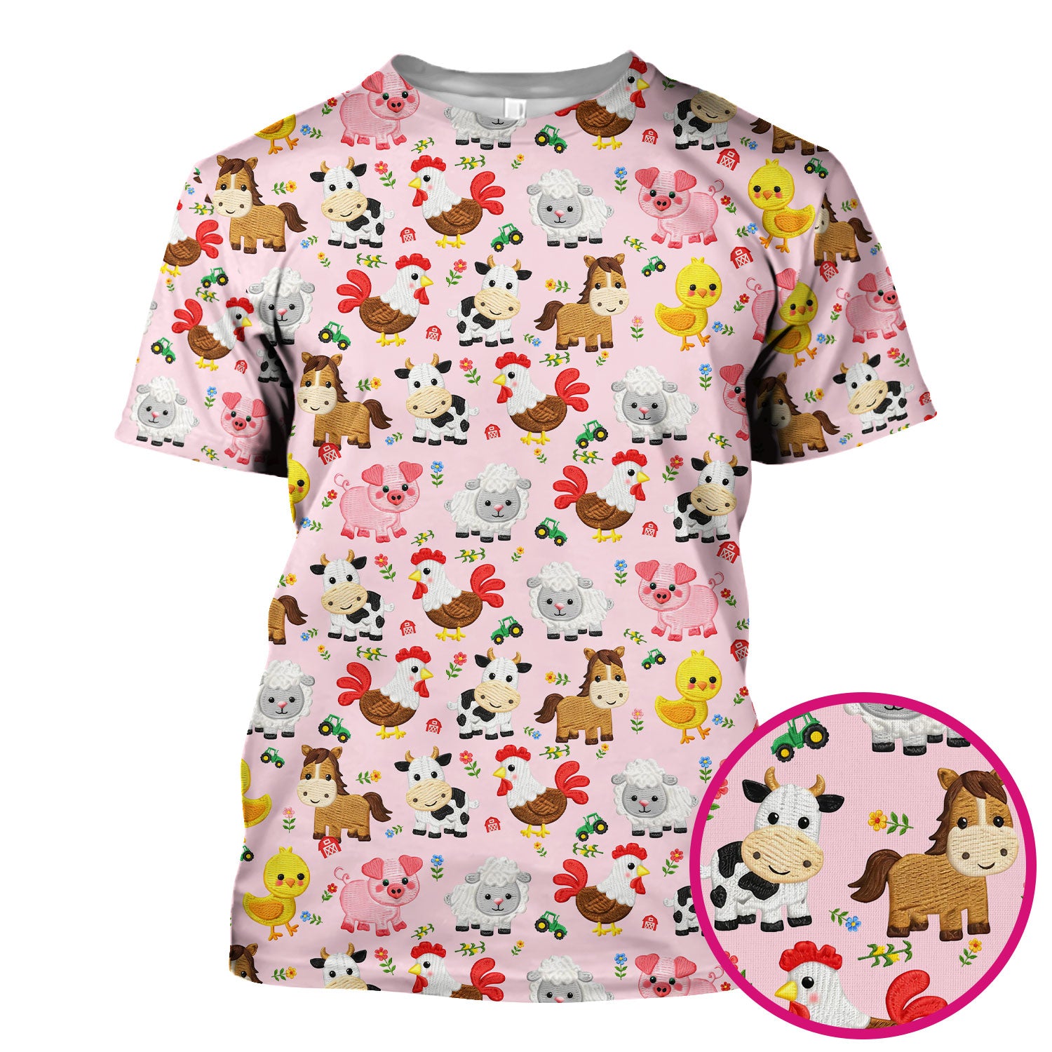 Cartoon Farm Animal Pattern Scrub Top, Breathable Fabrics Nursing Uniform