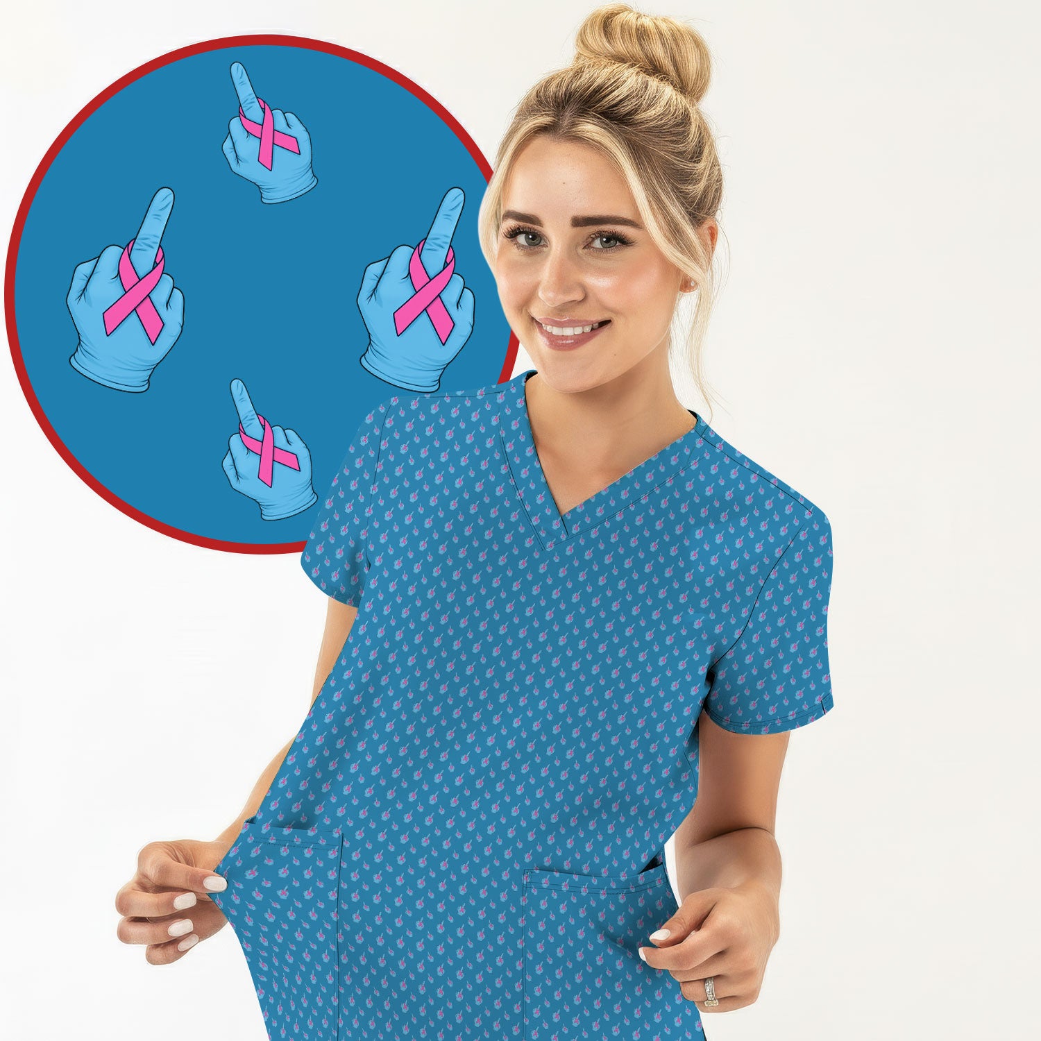 Breast Cancer Awareness Scrub Top - Pink Ribbon Medical Uniform for Women - October Gift for RN LPN CNA