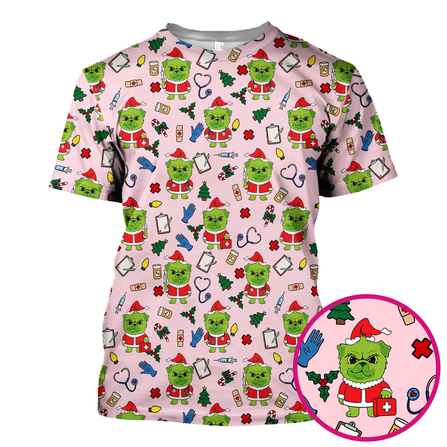 Funny Christmas Scrub Top for Nurses - Grumpy Dog and Medical Tools Pattern - Holiday Nurse Scrubs for Women