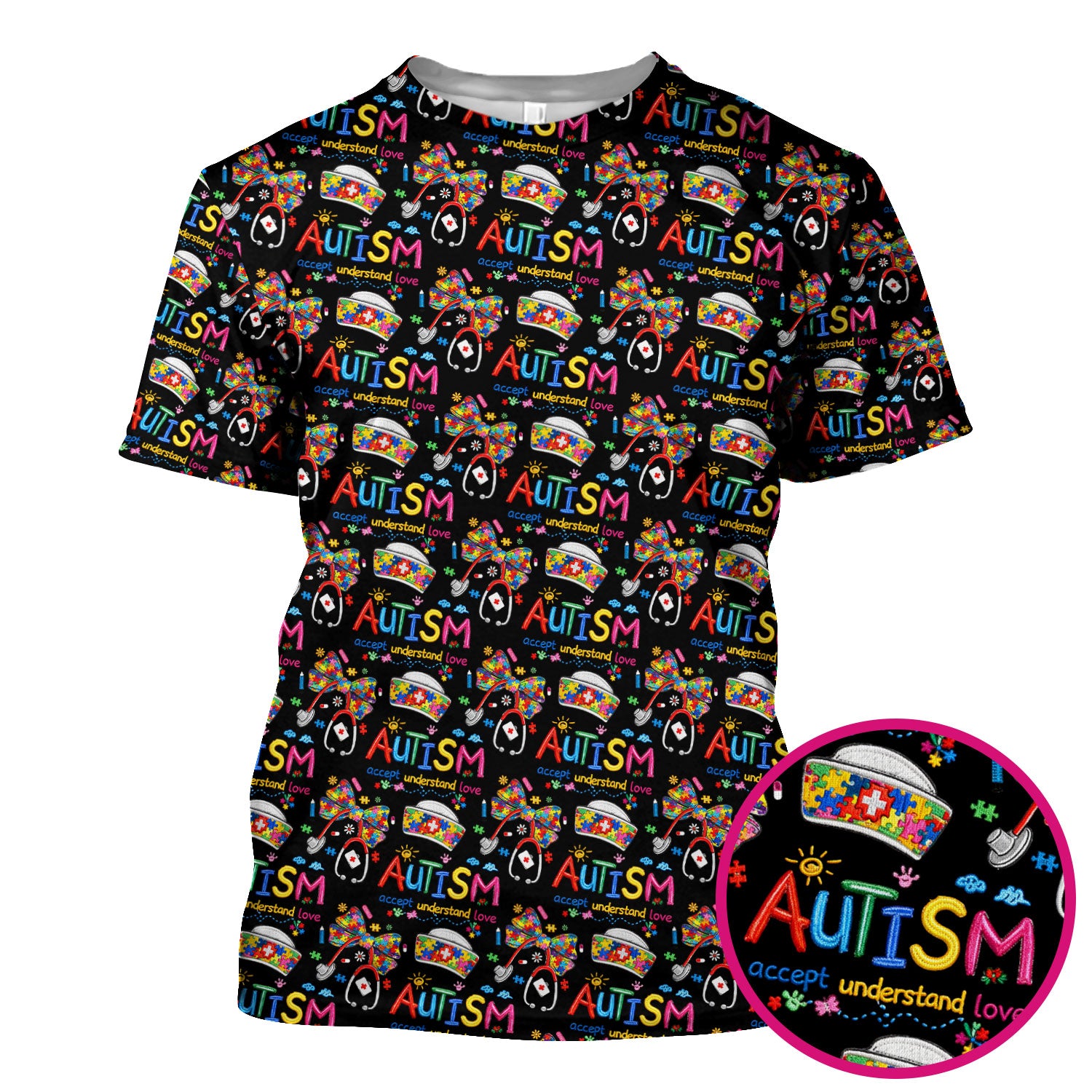 Autism Awareness Pattern Nurse Scrub Top, Accept Understand Love Puzzle Nurses Shirt, Breathable Fabrics Nursing Uniform