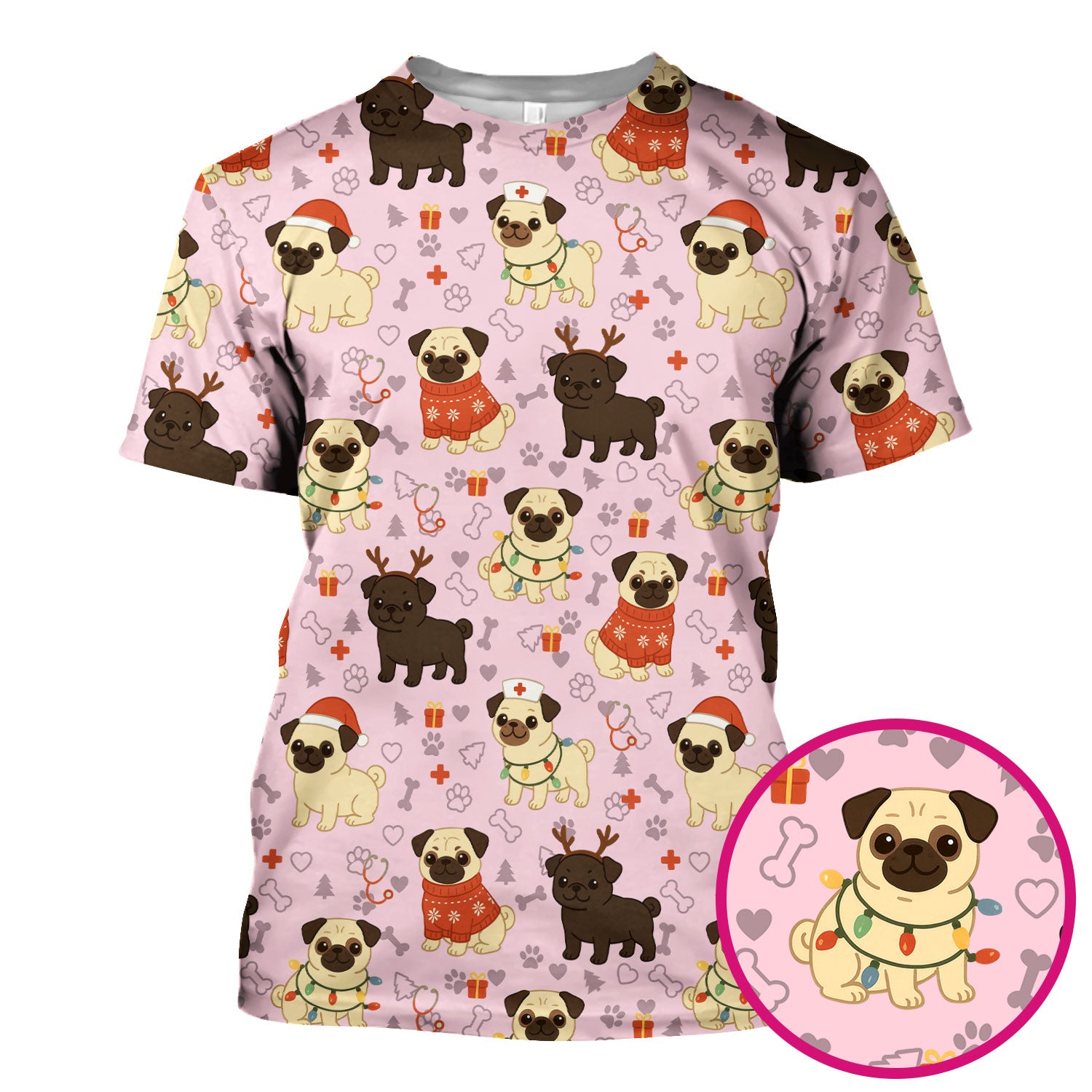 Cute Pug Christmas Nurse Scrub Top for Women - Funny Holiday Dog Pattern Medical Shirt - Festive Gift for RN LPN CNA Vet Nurses