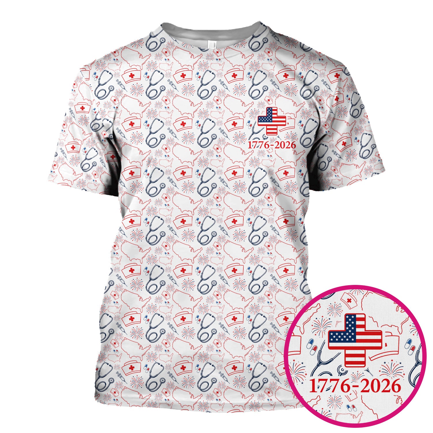 Patriotic Nurse Stethoscope Flag Pattern Scrub Top, Comfortable Scrubs for Nurses