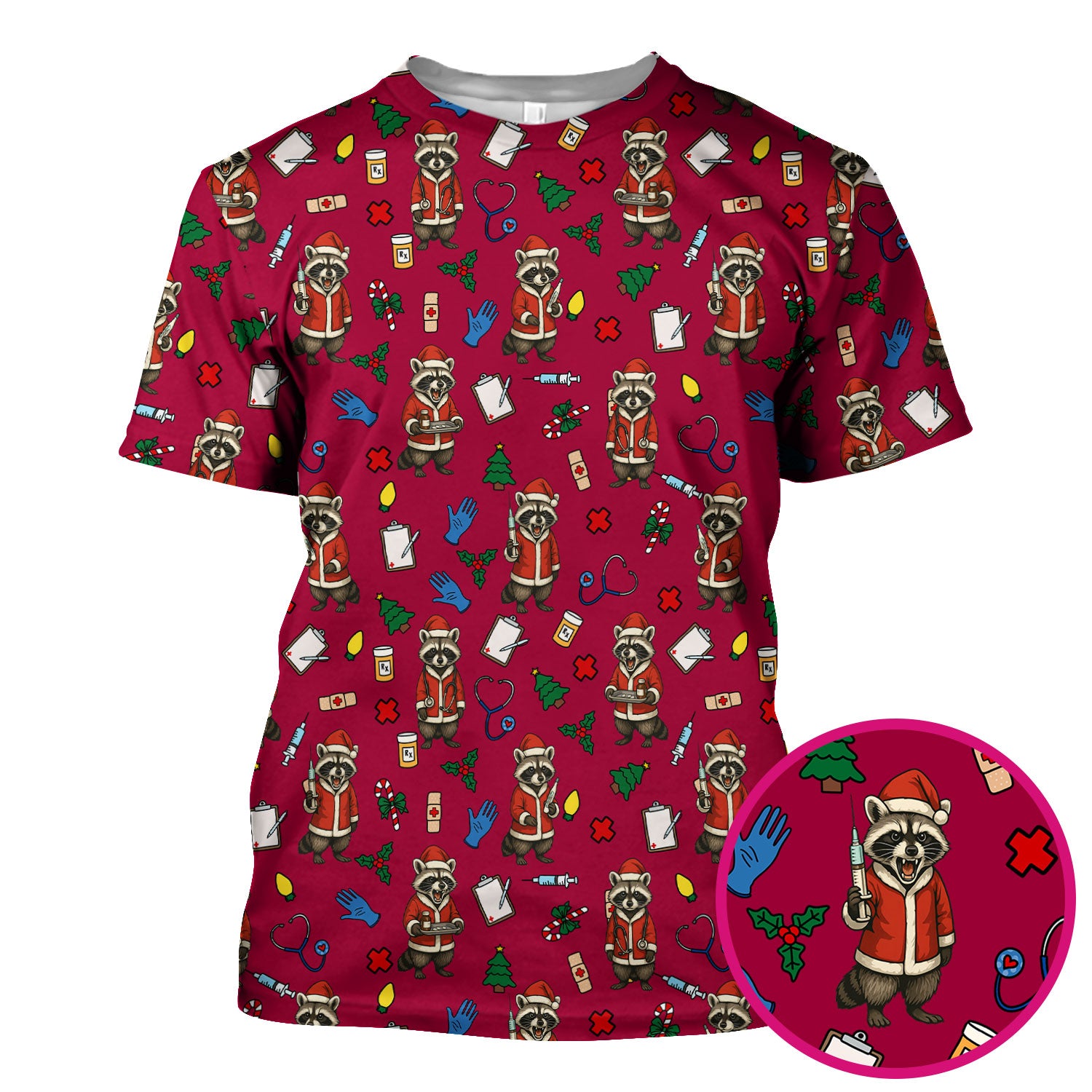 Festive Raccoon Pattern Scrub Top - Christmas Santa Print Medical Shirt - Fun Holiday Gift for RN LPN CNA Women