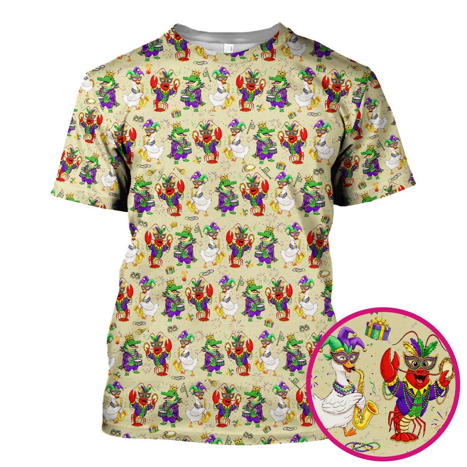 Crawfish And Duck Carnival Scrub Top, Mardi Gras Parade Pattern Nurse Shirt, Breathable Fabrics Nursing Uniform