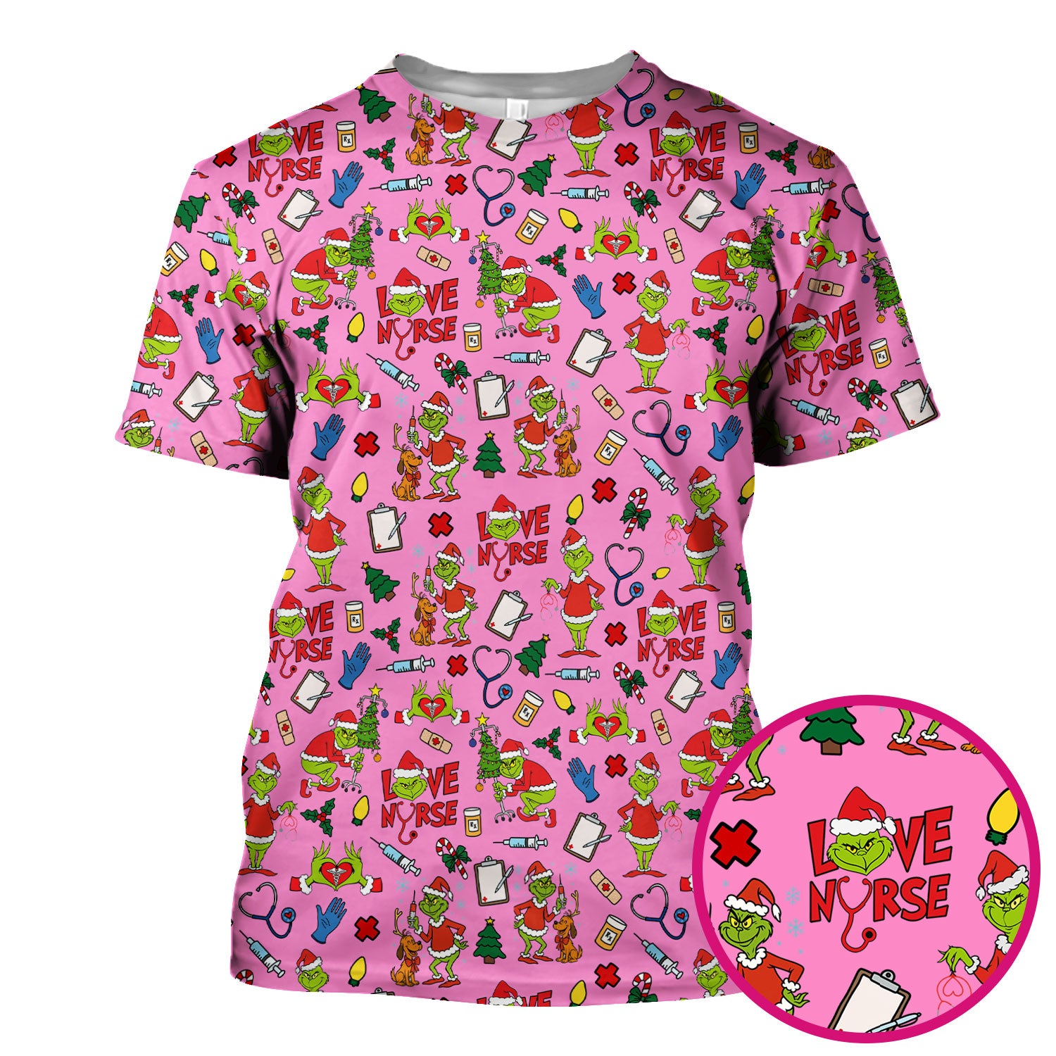 Funny Grinch Love Nurse Scrub Top - Multi Color Christmas Scrub Shirt - Cute Holiday Nursing Workwear with Pockets for Women