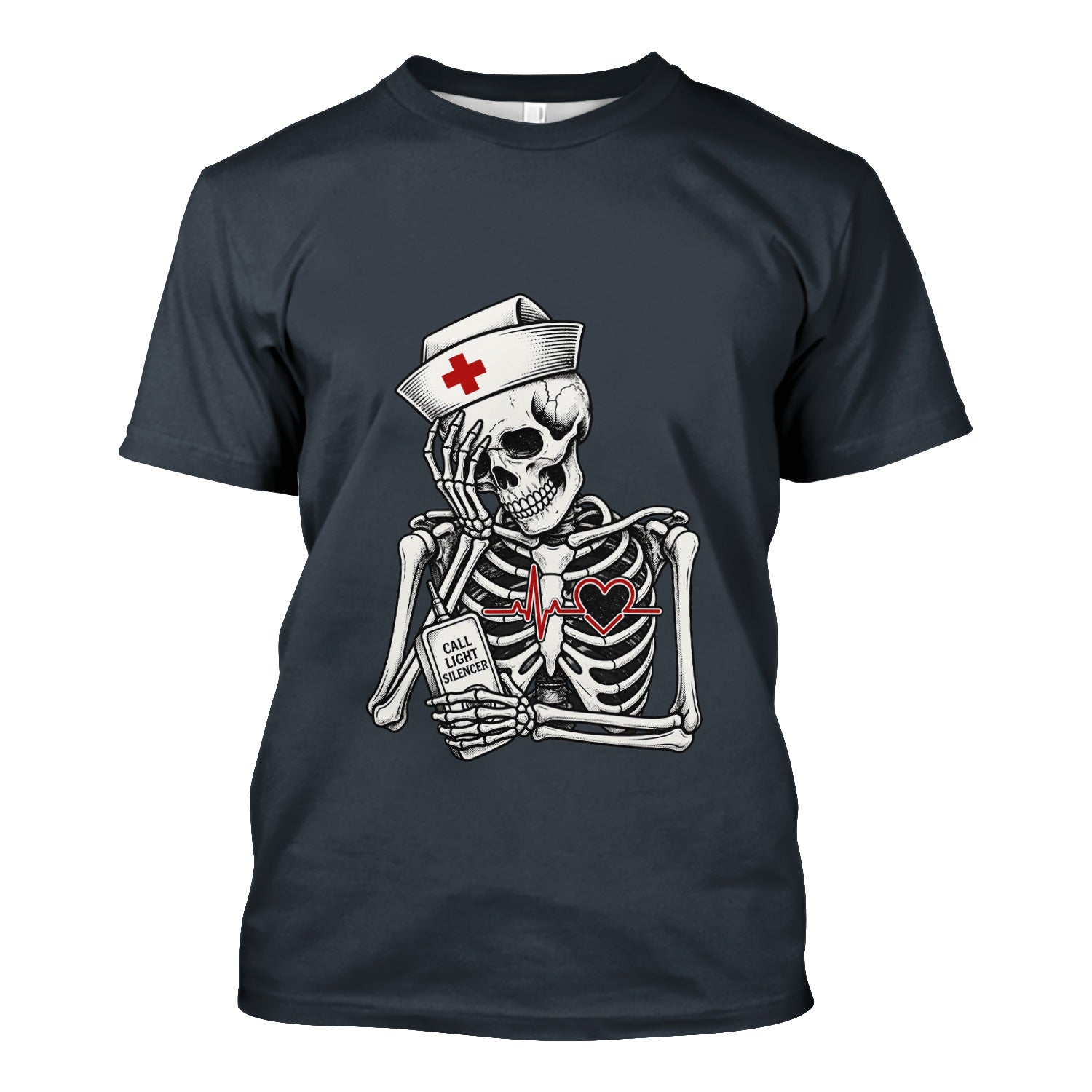 Funny Call Light Silencer Skeleton T-Shirt, Bedside Nurse Tee for Nurses and CNAs