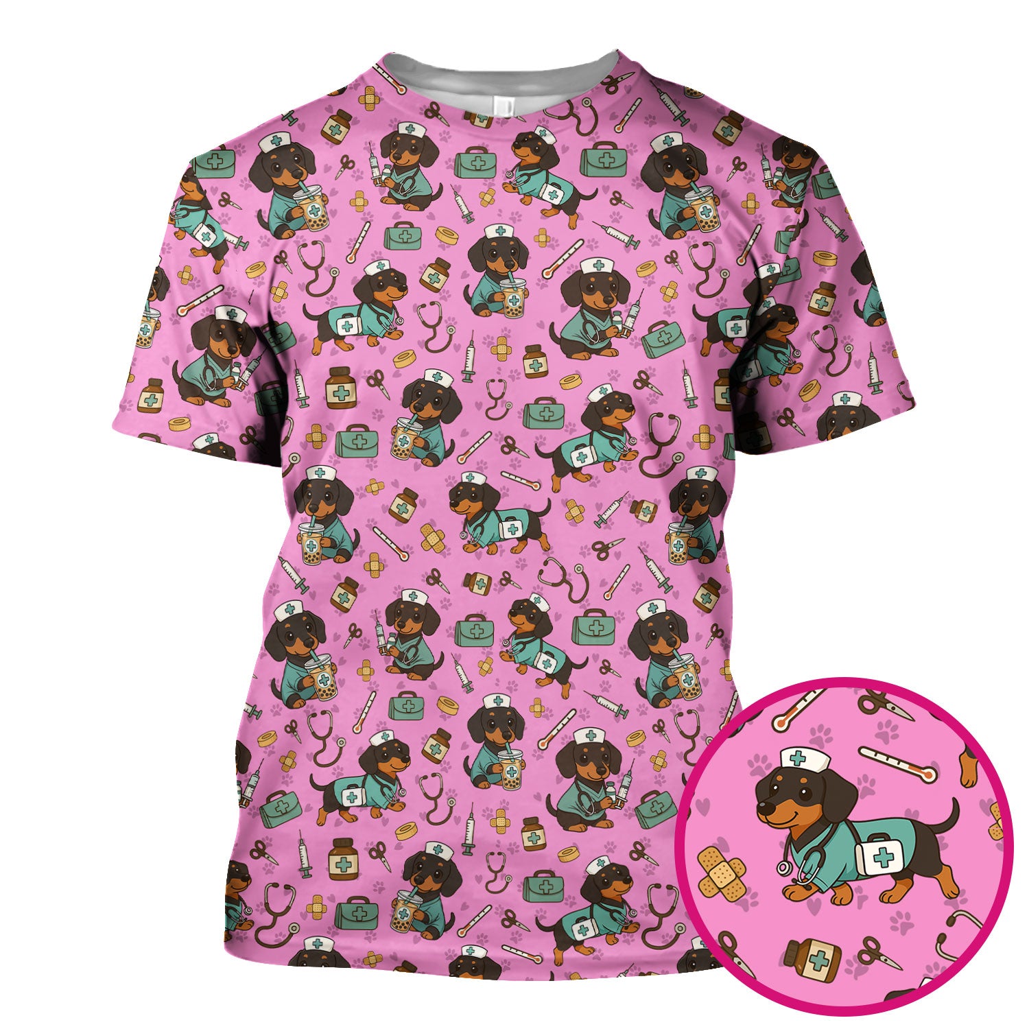Funny Dachshund Nurse Scrubs - Cute Dog Print Medical Shirt - Holiday Nurse Scrub Top Gift for RN CNA Doctor, Women & Men