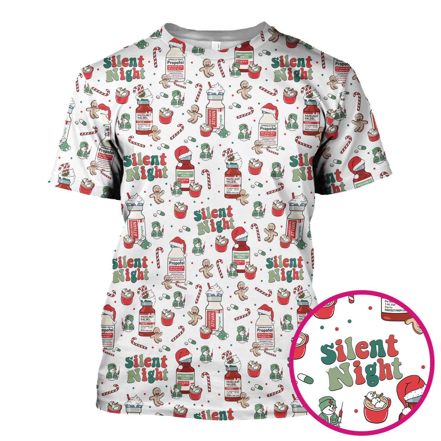 Funny Medicine Scrub Top for Nurses - Silent Night Propofol Print Christmas Scrub Tops with Candy Cane & Gingerbread - Holiday Medical Shirt Gift for RN CNA LPN