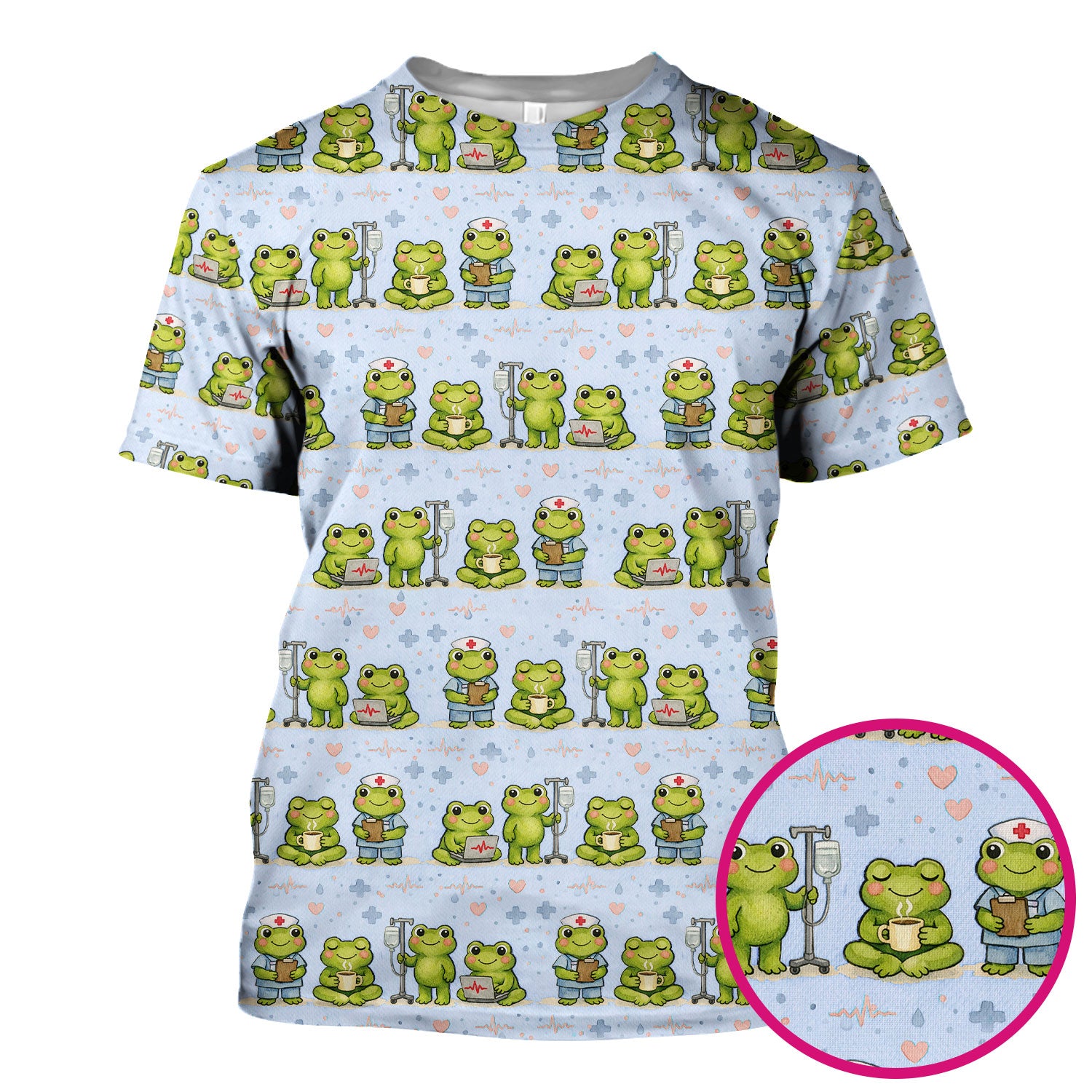 Adorable Frog Nurse Various Poses Print Scrub Top, Comfortable Scrubs for Nurses