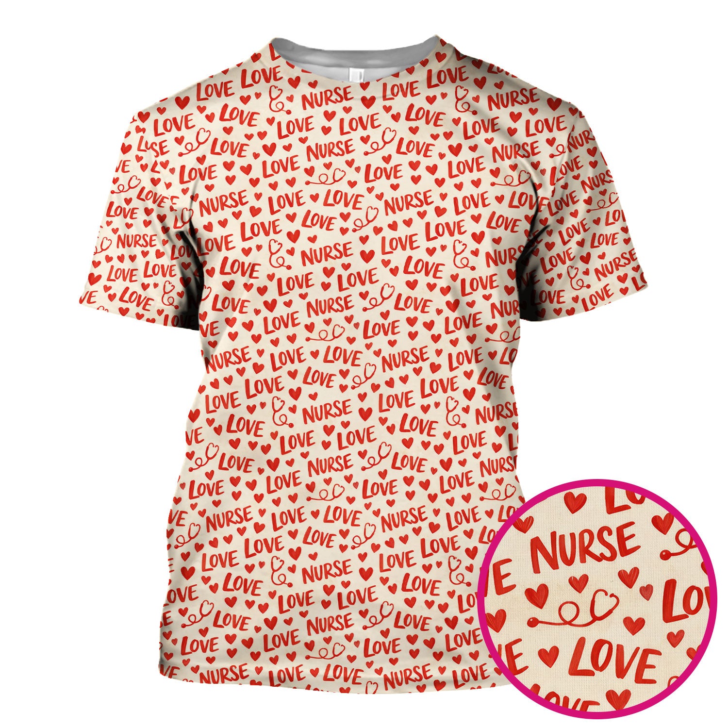 Valentine Pattern Scrub Top, Love Heart Medical Nurse Scrub Shirt, Breathable Fabrics Nursing Uniform
