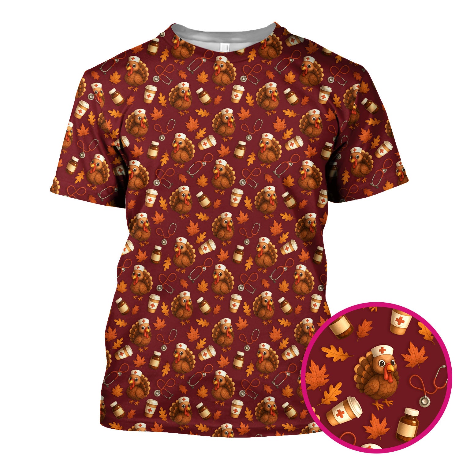 Thanksgiving Scrub Top for Nurses - Cute Turkey Pattern with Fall Leaves and Medical Tools - Funny Autumn Nurse Scrubs Gift for Women RN CNA LPN