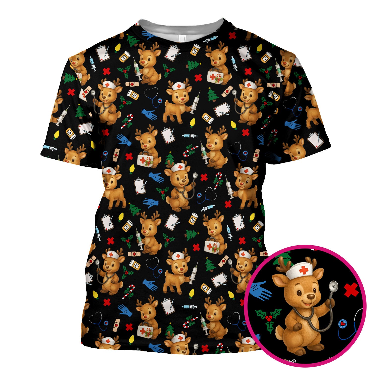 Cute Reindeer Pattern Christmas Scrub Top - Funny Holiday Nurse Scrubs for Women - Medical Christmas Print with Deer and Stethoscope Design