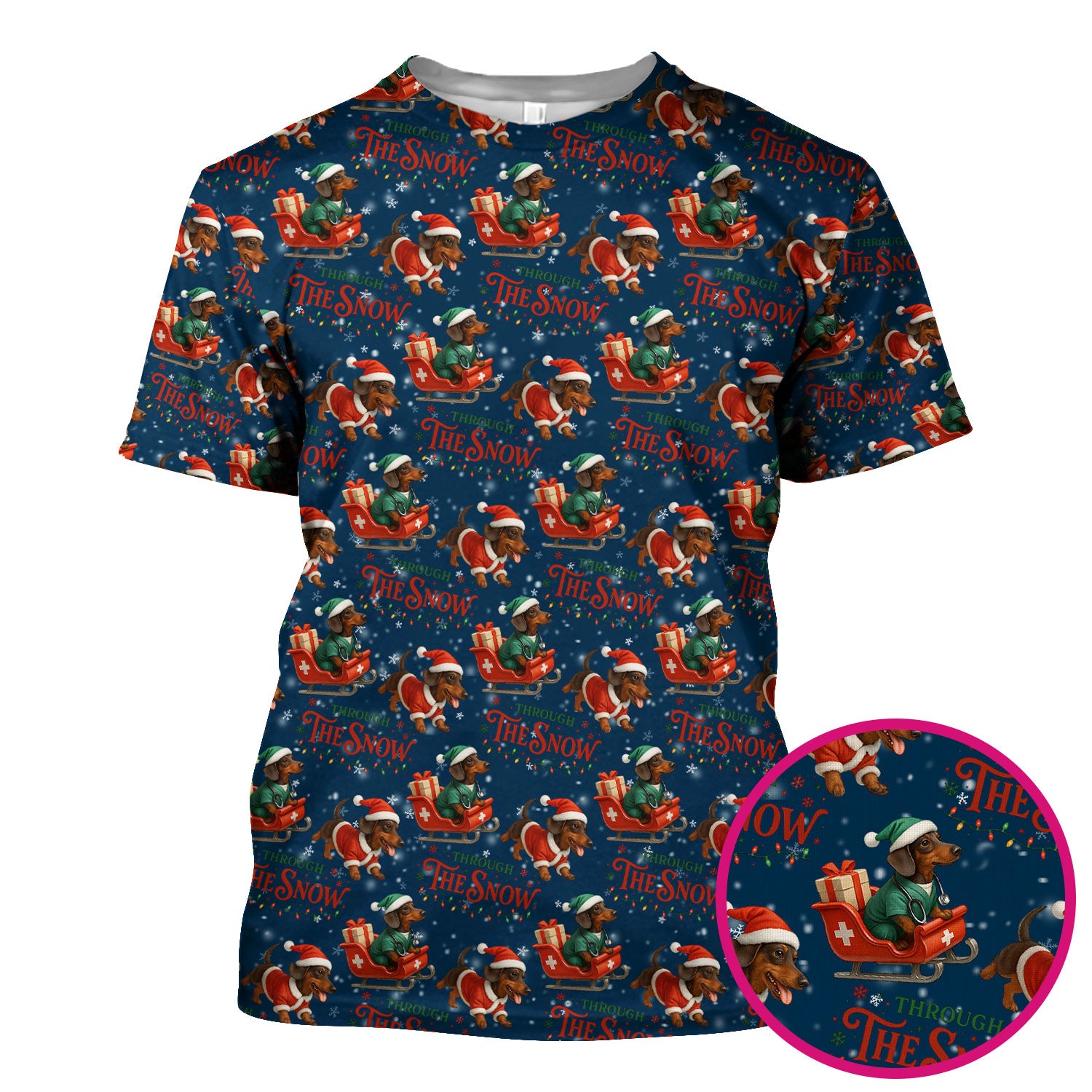 Dachshund Christmas Scrub Top, Cute Dog Nurse Scrub Shirt, Through The Snow Pattern Nursing Uniform