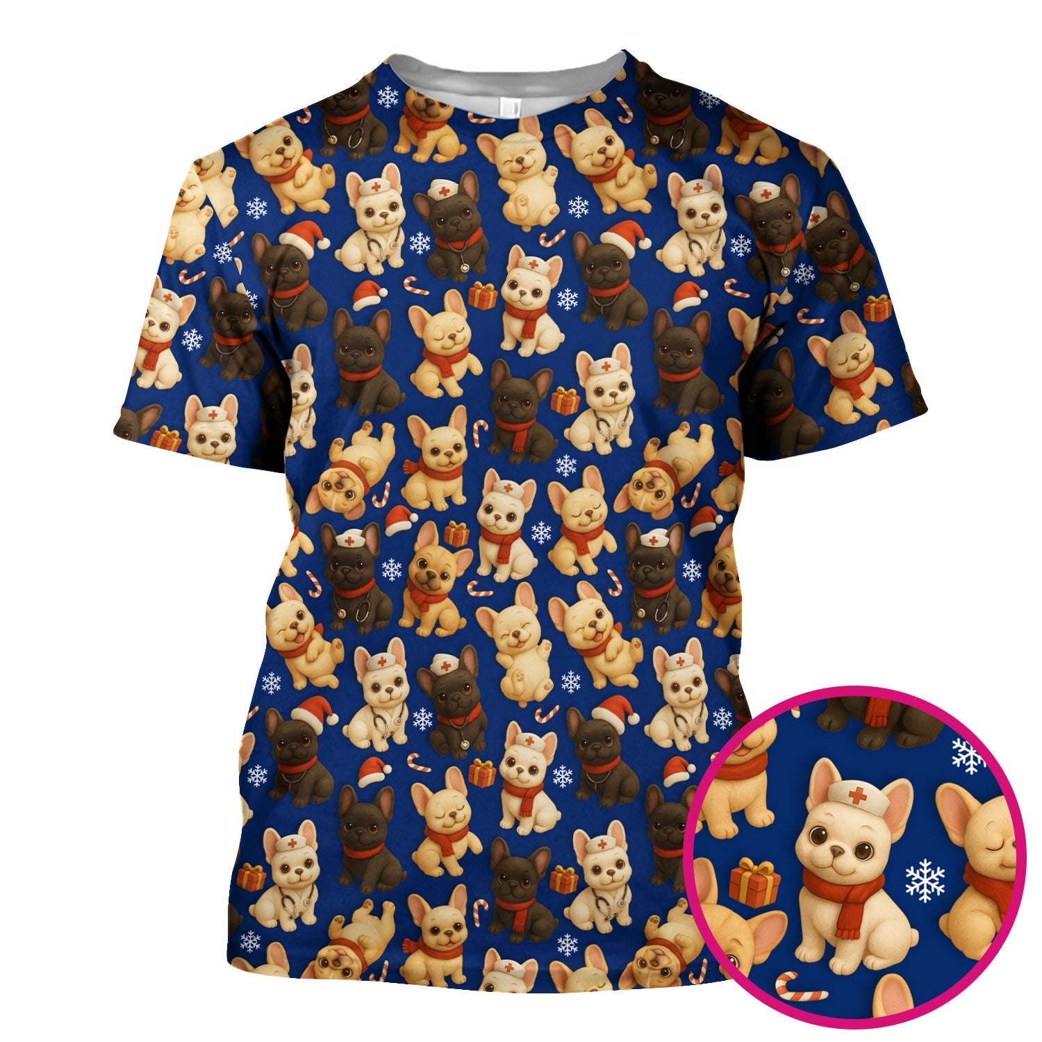 Christmas Dog Scrubs for Women - Cute French Bulldog Pattern Medical Scrub Top - Festive Holiday Nurse Scrubs with Adorable Puppy Design
