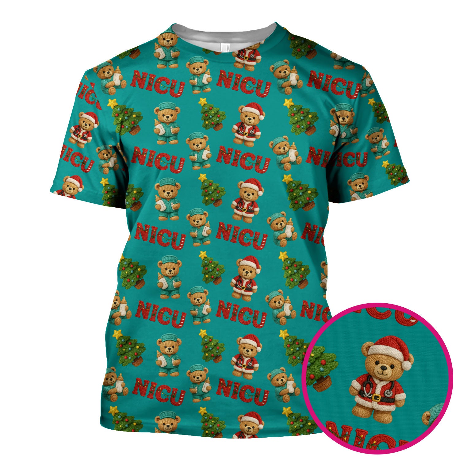 Festive Christmas NICU Nurse Teddy Bear Pattern, Breathable Fabrics Nursing Uniform