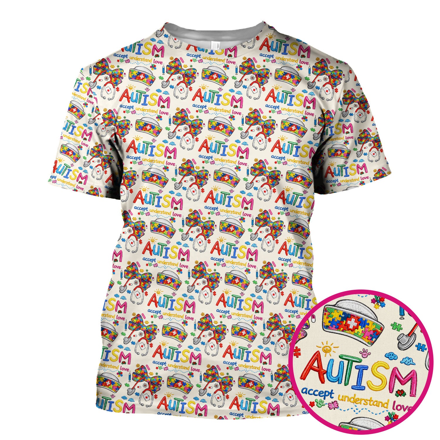 Autism Awareness Pattern Nurse Scrub Top, Accept Understand Love Puzzle Nurses Shirt, Breathable Fabrics Nursing Uniform