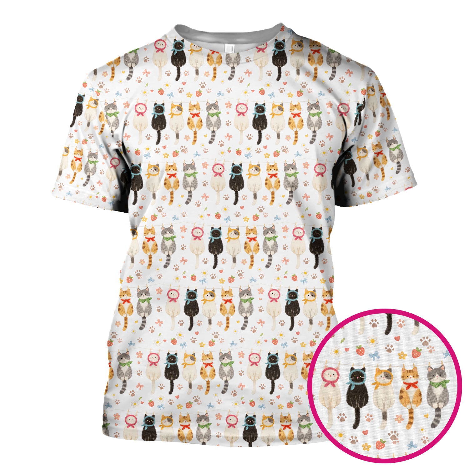 Cute Cat Clothesline Pattern Scrub Top, Comfortable Scrubs for Nurses