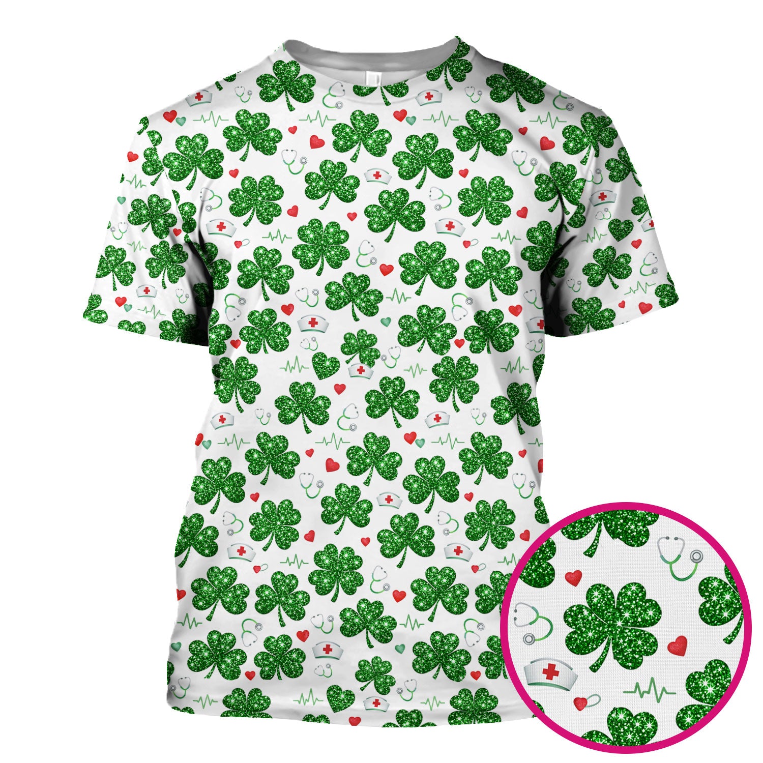 St. Patrick’s Day Nurse Scrub Top, Green Clover Medical Pattern Shirt, Breathable Fabrics Nursing Uniform