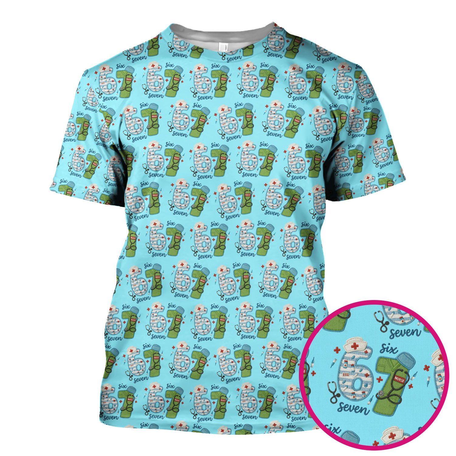 Nurse Six Seven Pattern Scrub Top, Cute Medical Number Print Shirt for Nursing Professionals