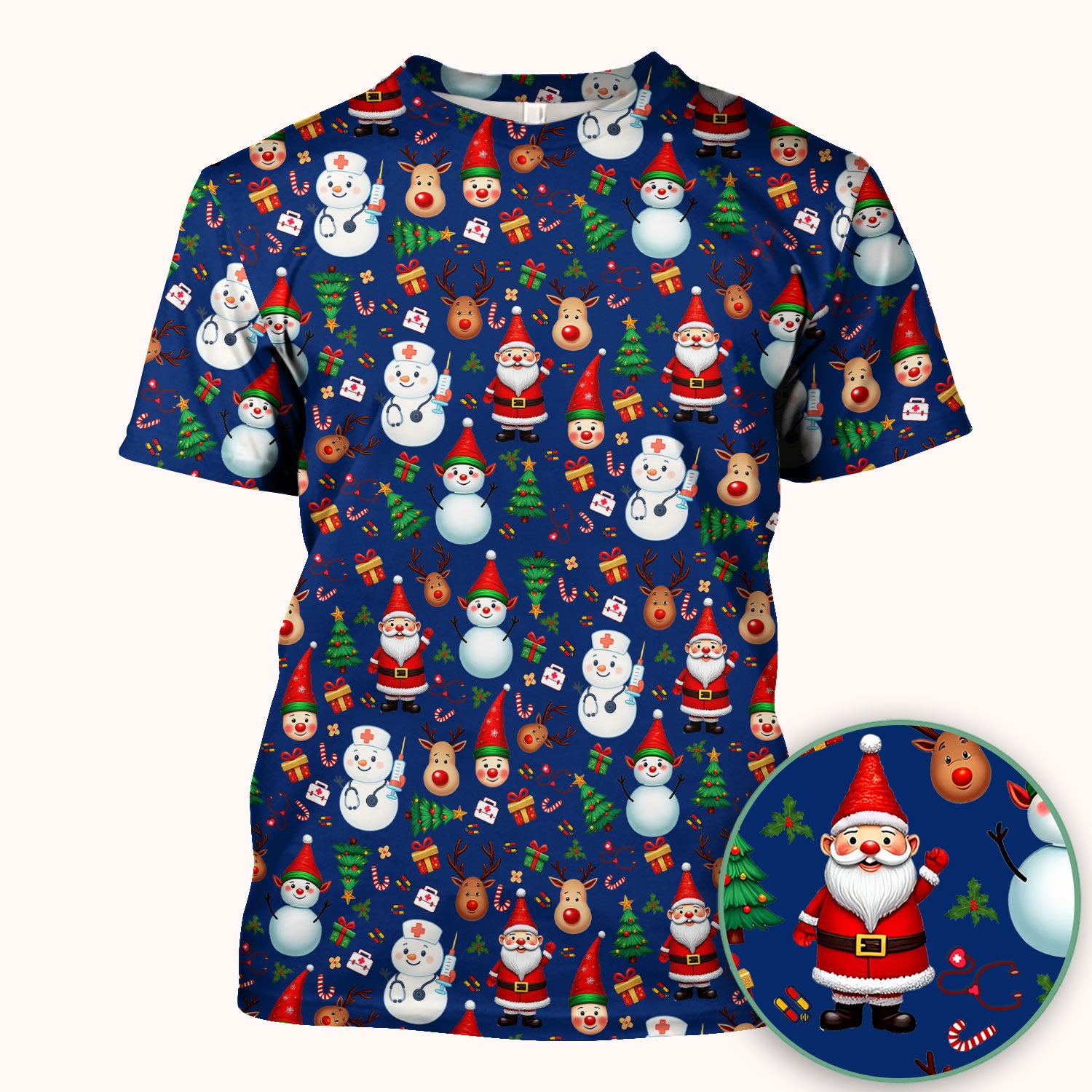 Christmas Scrub Top for Nurses - Cute Snowman Reindeer Santa Pattern - Holiday Medical Uniform RN CNA LPN Gift