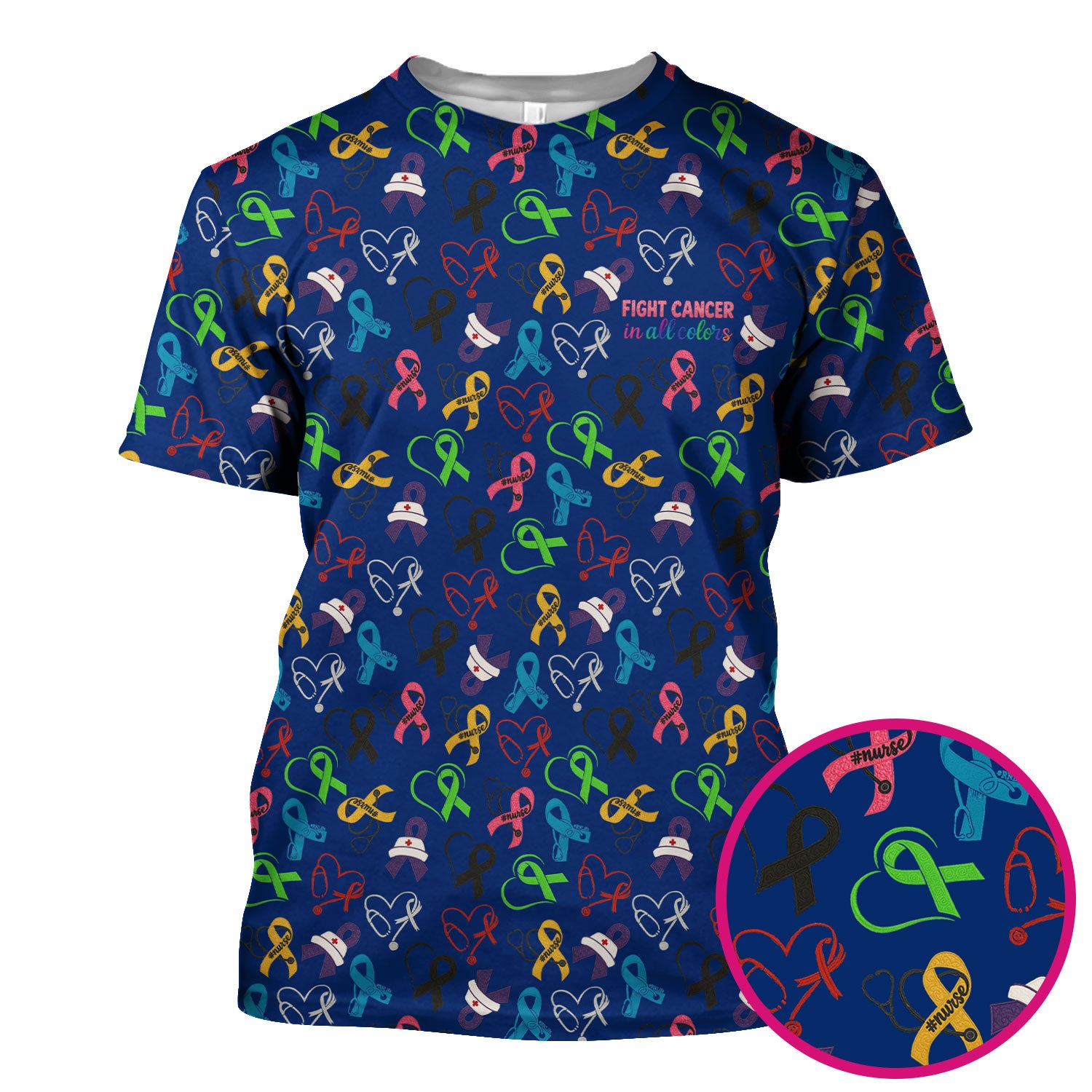 Cancer Awareness Scrub Top - Fight Cancer In All Colors Nurse Shirt - Colorful Ribbon Medical Scrubs Gift with Pockets for Women CNA RN Doctor