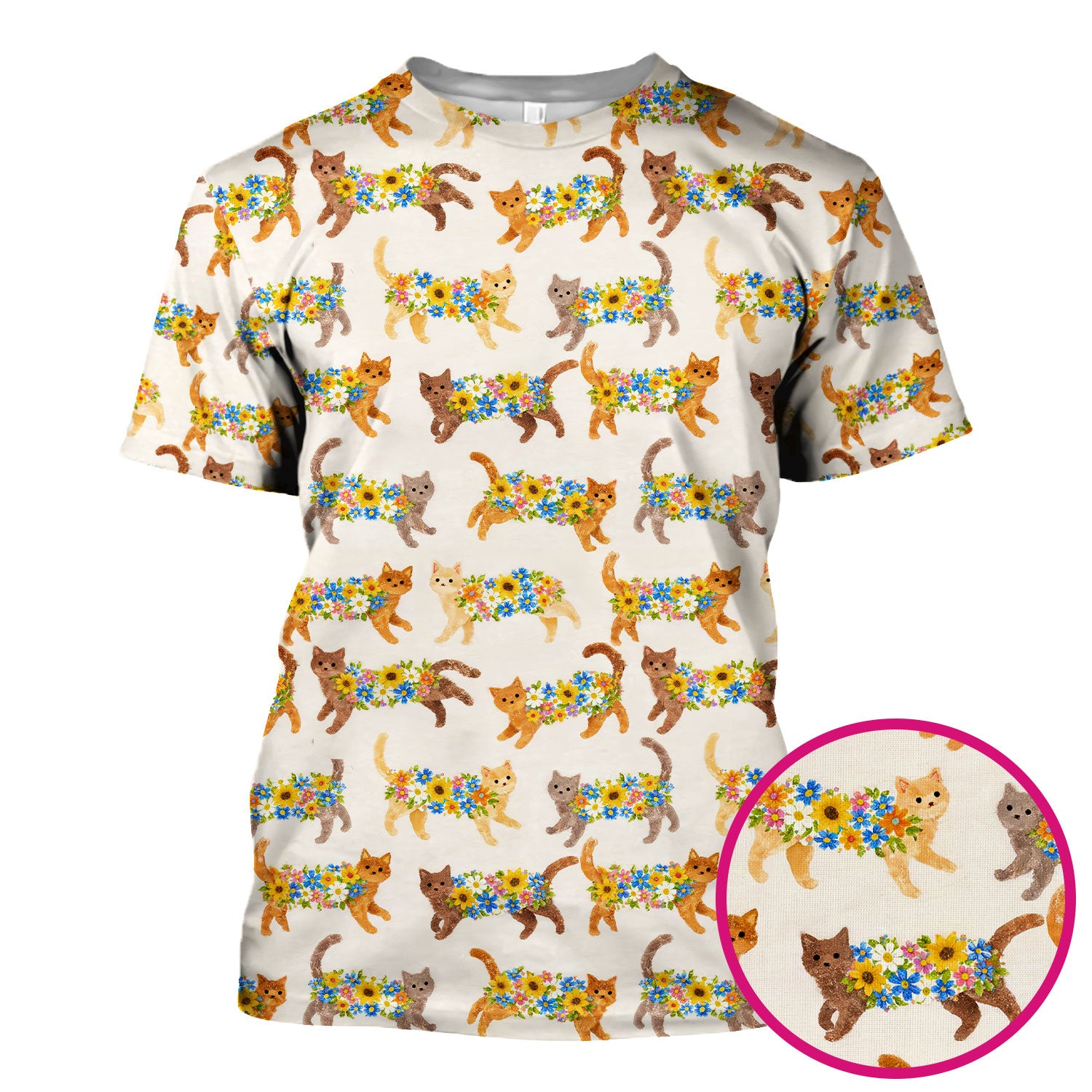 Cute Flower Filled Cat Pattern Scrub Top, Breathable Fabrics Nursing Uniform