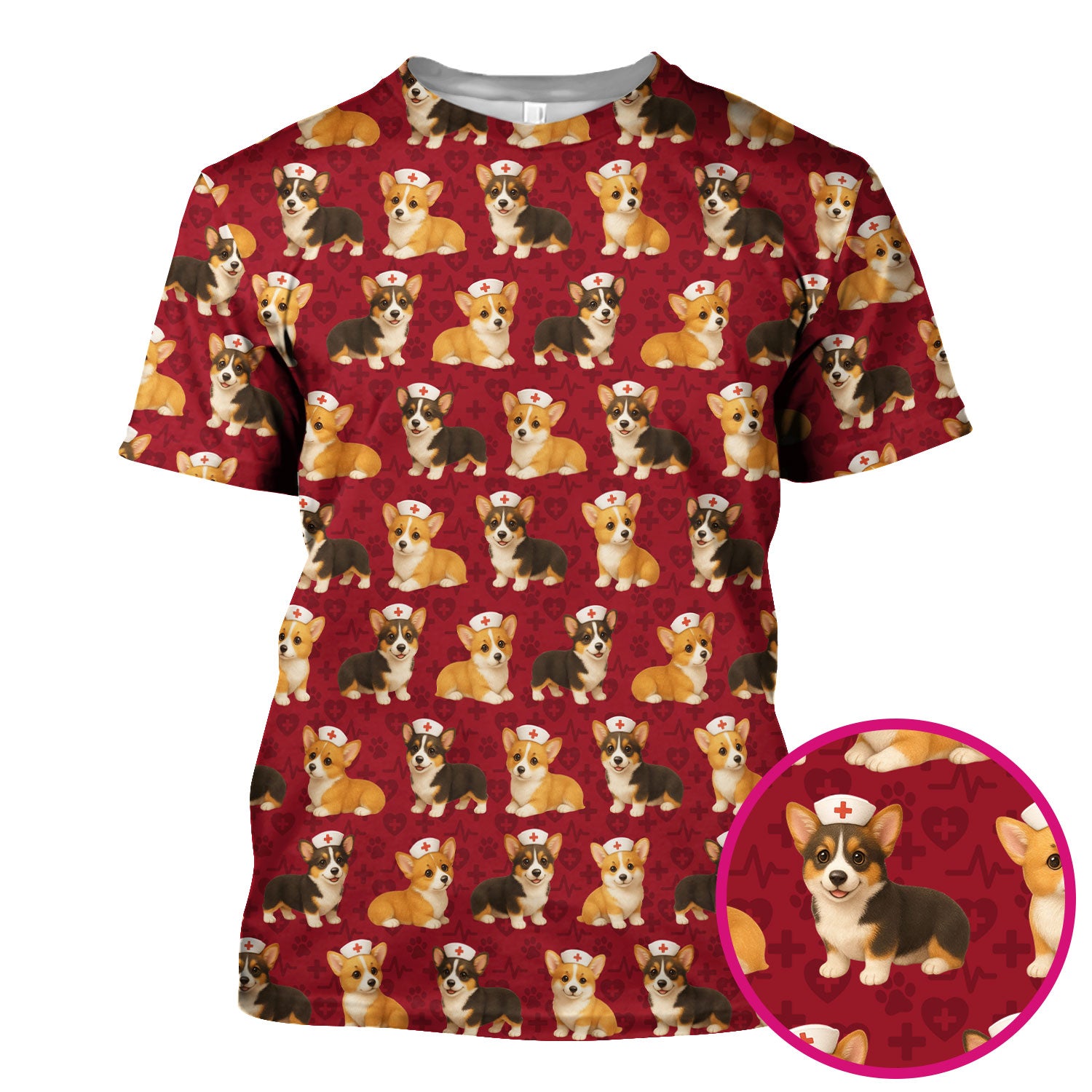 Christmas Corgi Scrubs for Women - Cute Dog Pattern Medical Scrub Top - Festive Holiday Christmas Scrubs with Adorable Corgi Design