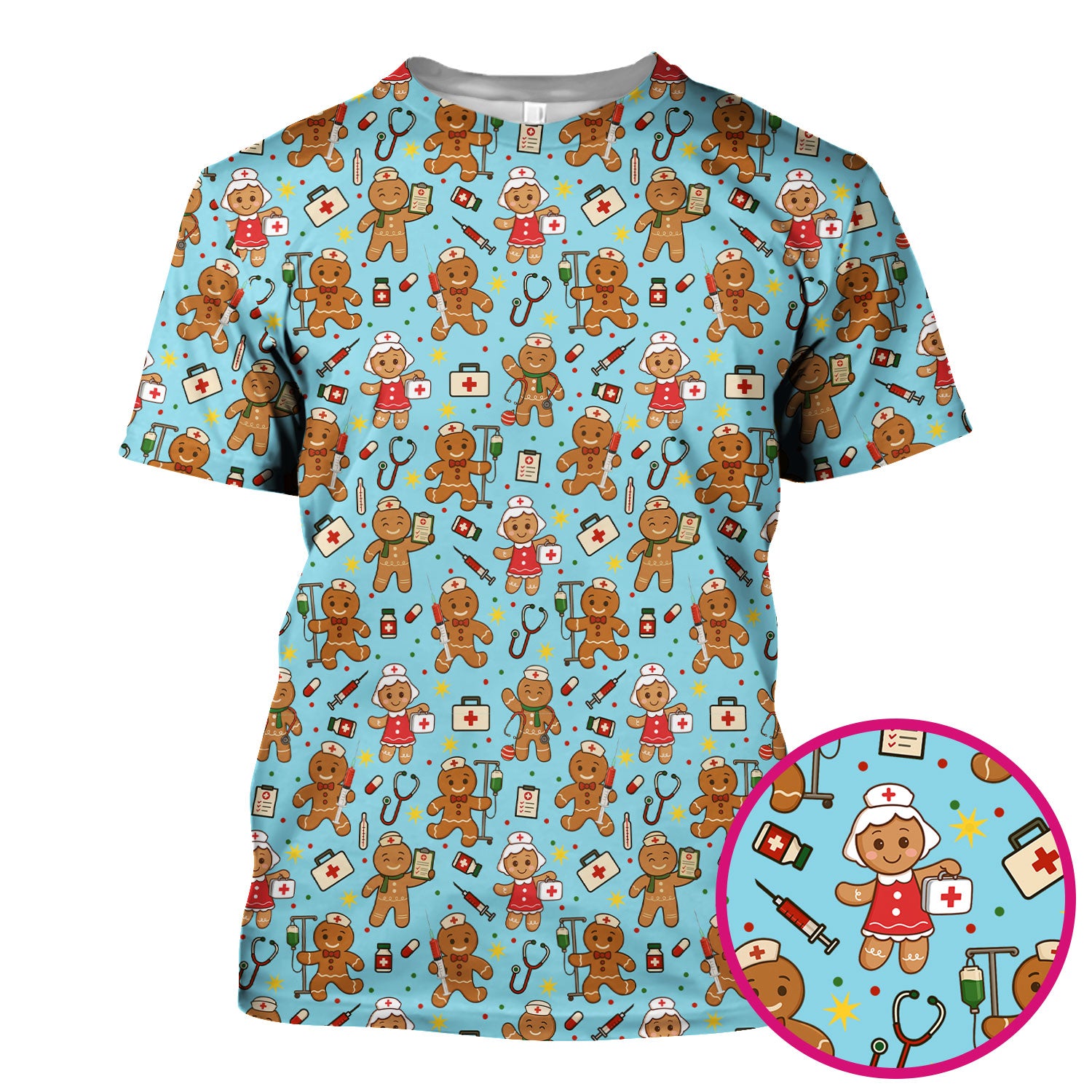 Cute Gingerbread Nurse Scrub Top - Funny Christmas Cookie Pattern - Holiday Nursing Shirt Gift for RN LPN CNA Women