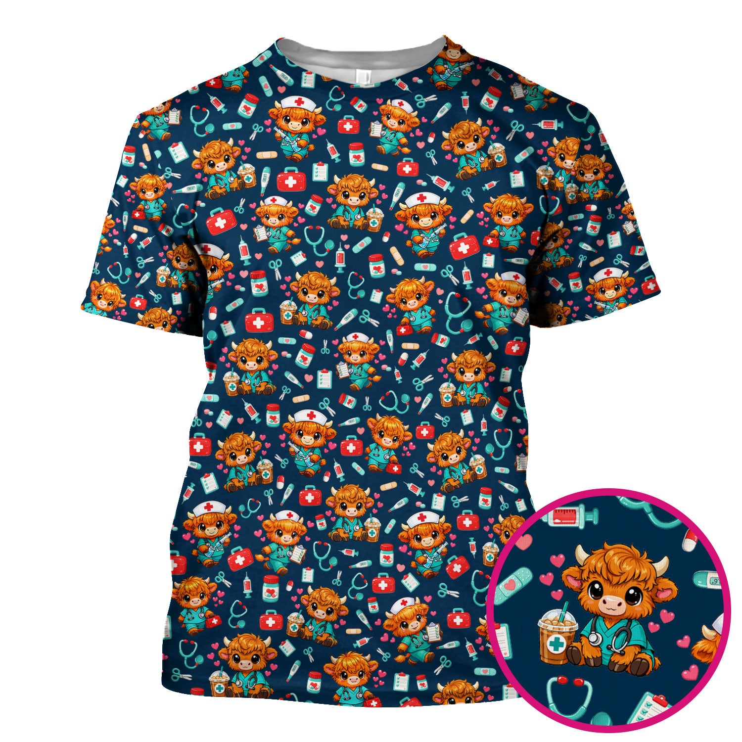 Cute Highland Cow Nurse Scrub Top, Kawaii Medical Pattern Shirt, Breathable Fabrics Nursing Uniform