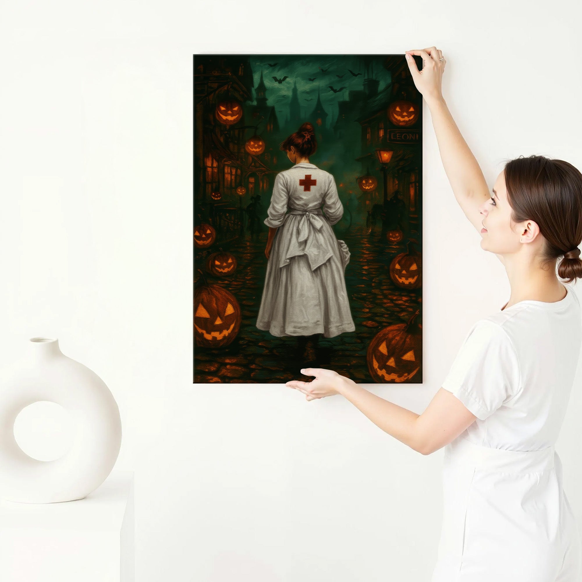 Creepy Vintage Nurse Canvas for Halloween, Haunted Street & Glowing Pumpkin, RN LPN CNA Gift