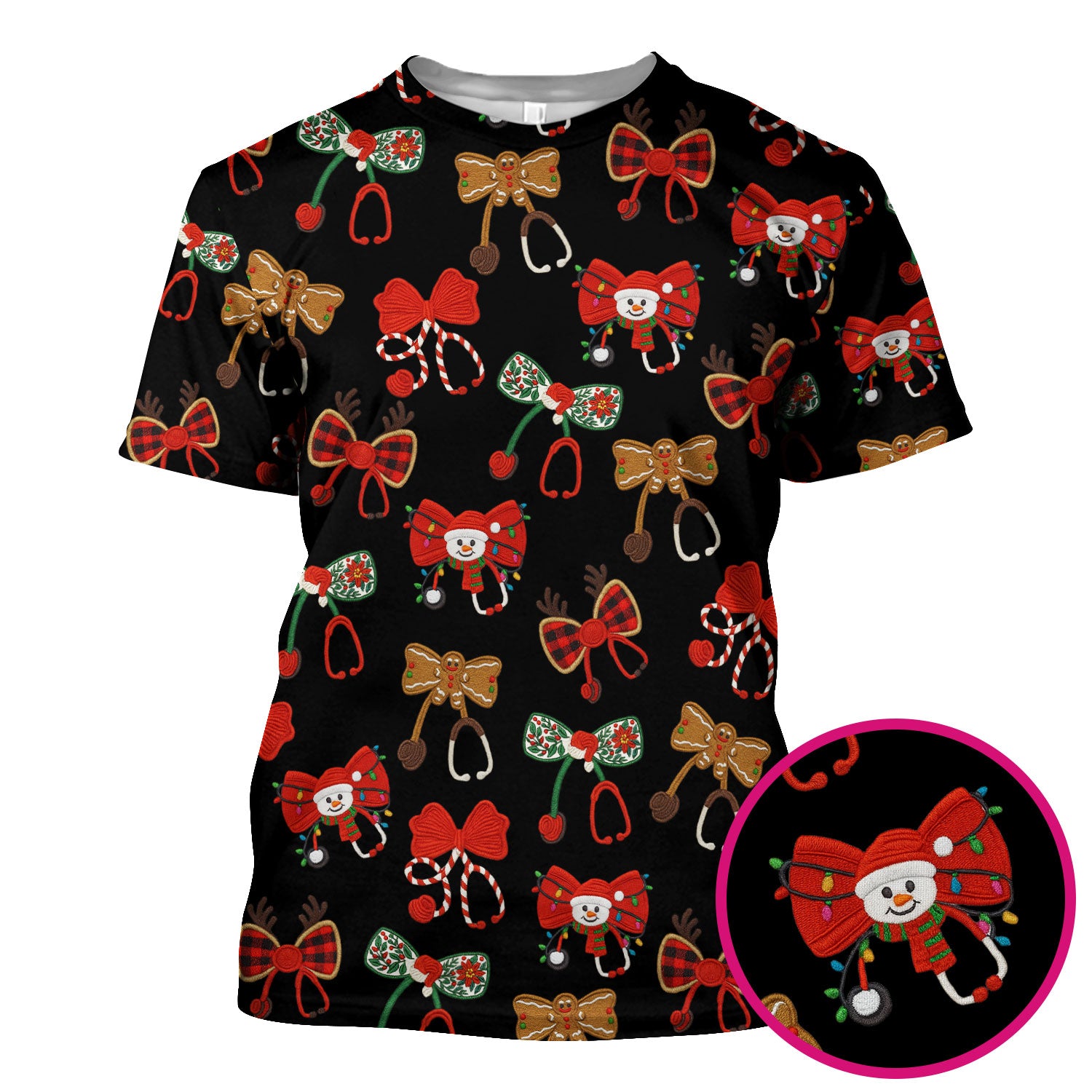 Christmas Stethoscope Bow Nurse Scrub Top, Xmas Pattern Scrub Shirt, Holiday Nursing Uniform