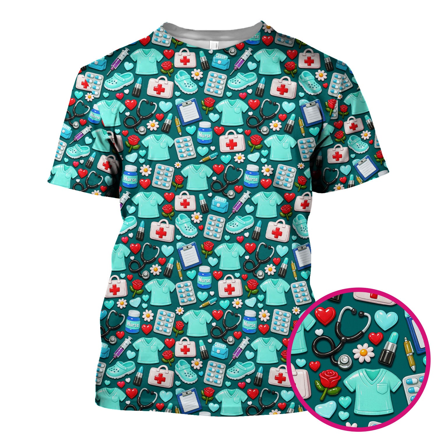 Medical Icons Scrub Top, Cute Pattern Nurse Shirt, Breathable Fabrics Nursing Uniform