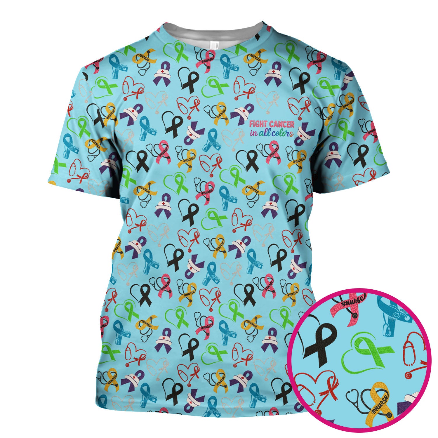 Fight Cancer Scrub Top - Colorful Awareness Ribbon Nurse Shirt - Support Cancer Awareness Medical Scrubs with Pockets for Women CNA RN Doctor