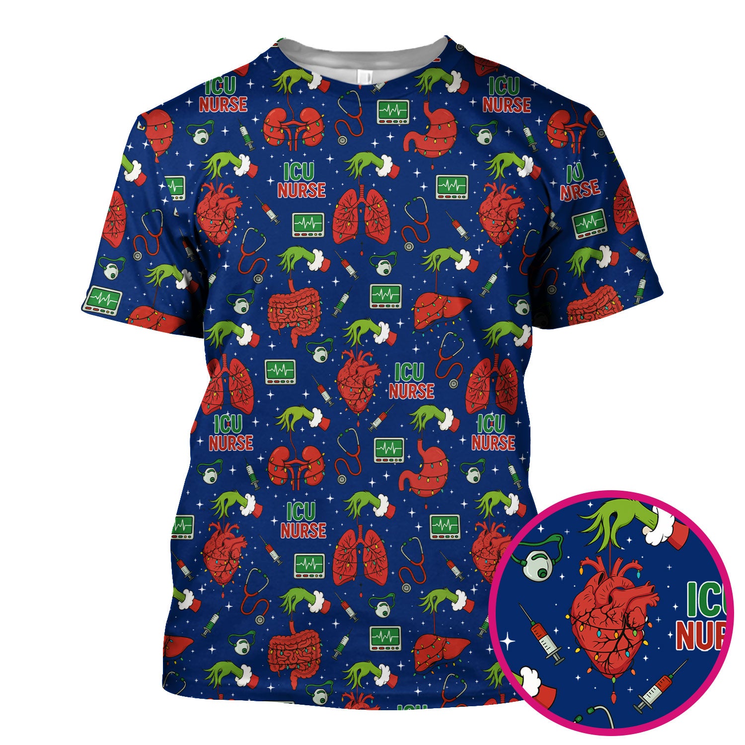 Christmas ICU Nurse Scrub Top - Funny Heart Anatomy Pattern - Holiday Nursing Shirt Gift for RN LPN CNA