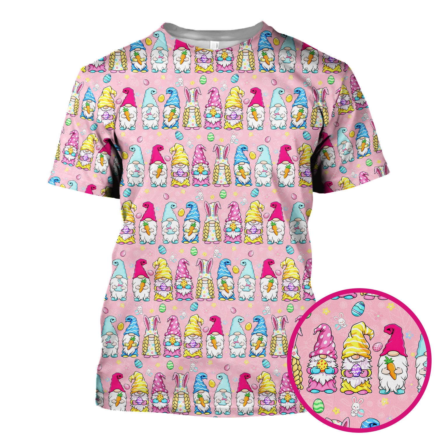 Colorful Easter Gnome Bunny Eggs Print Scrub Top, Comfortable Scrubs for Nurses