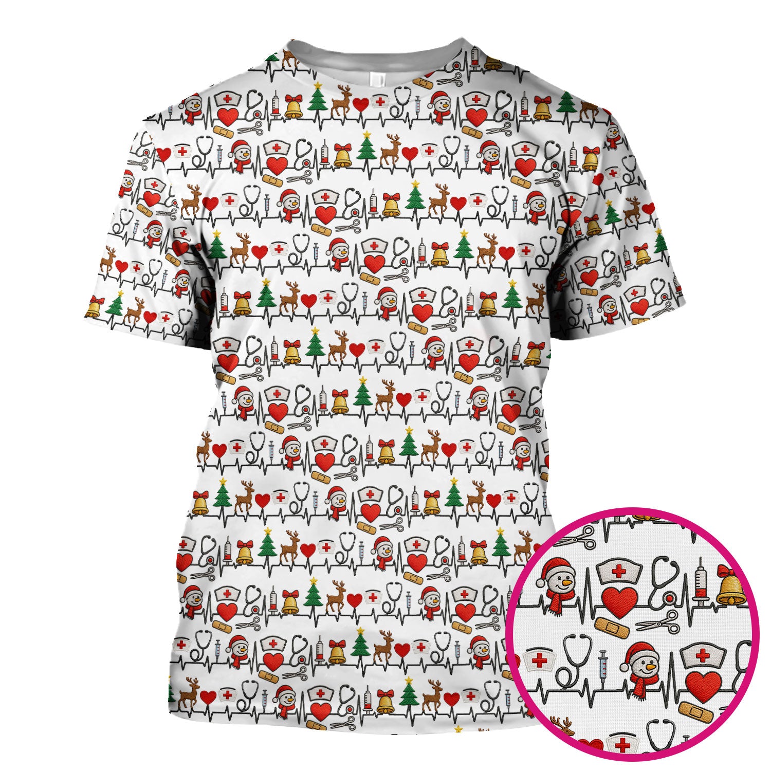 Cute Snowman Nurse Scrub Top, Christmas Holiday Medical Uniform For Nursing, Festive Heartbeat Print Nurse Shirt