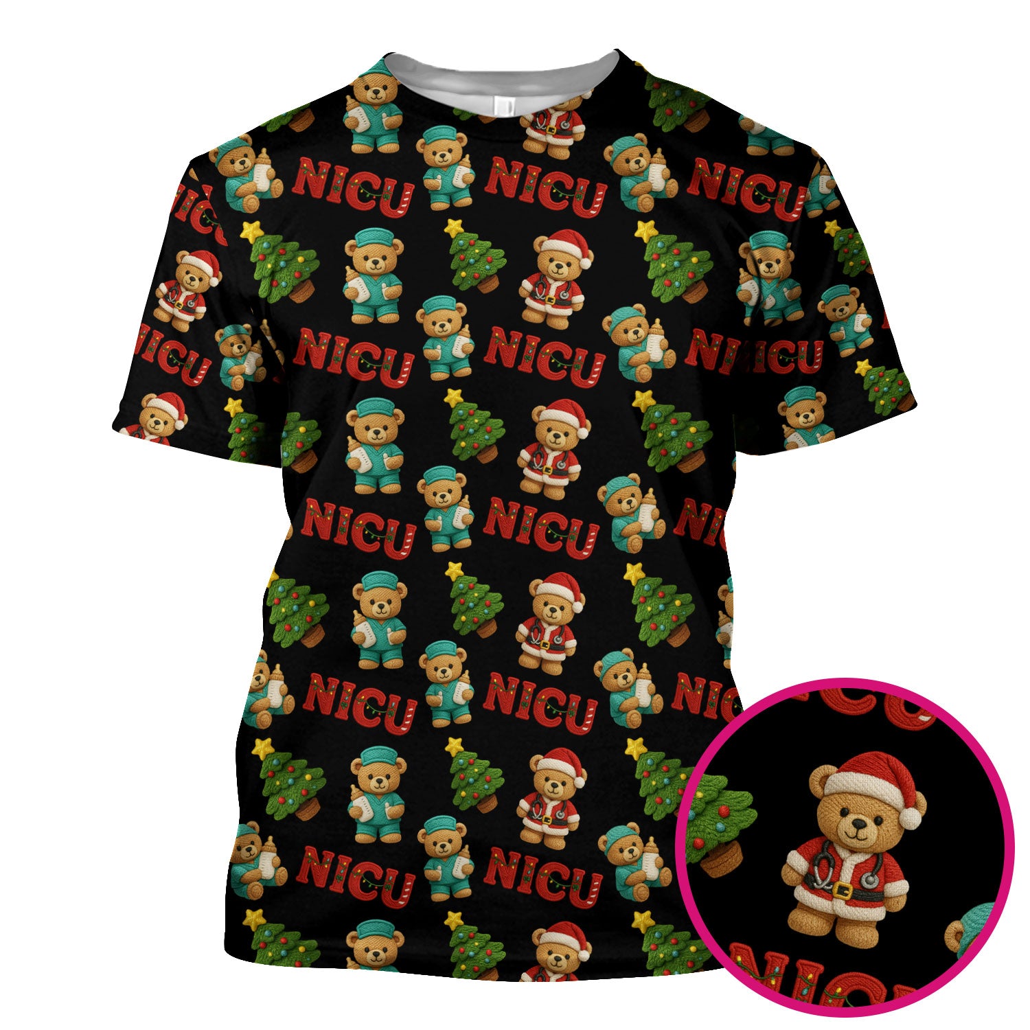 Festive Christmas NICU Nurse Teddy Bear Pattern, Breathable Fabrics Nursing Uniform