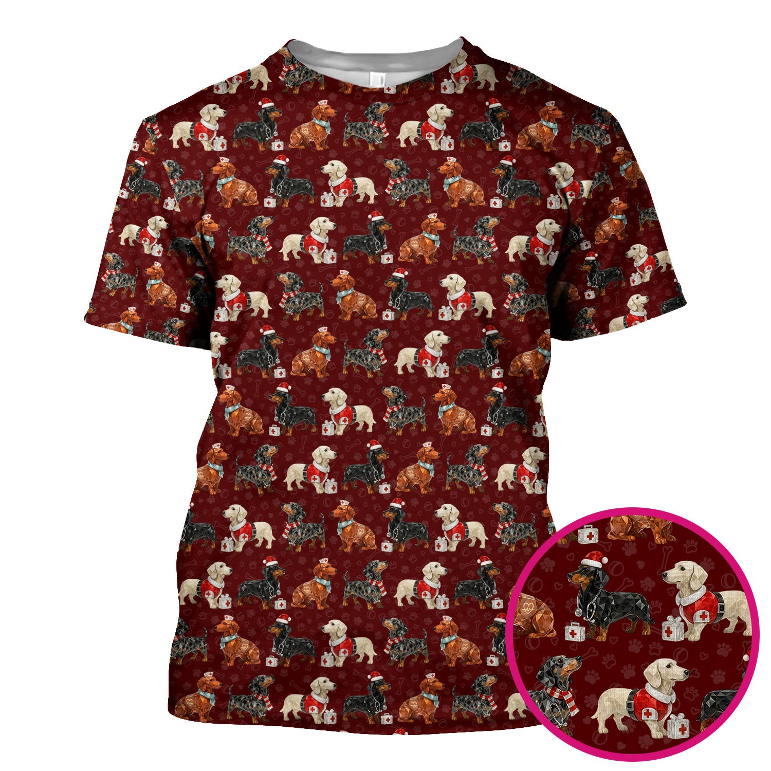 Funny Dachshund Christmas Dog Nurse Scrub Top, Holiday Puppy Medical Uniform Shirt For Nursing