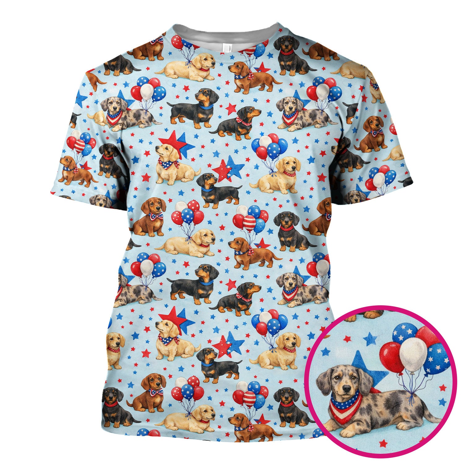 Cute Patriotic Dachshund Balloon Star Pattern Scrub Top, Comfortable Scrubs For Nurses