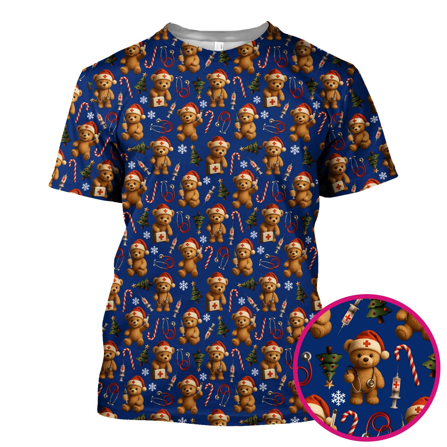 Teddy Bear Christmas Scrubs for Women - Cute Nurse Bear Pattern Medical Scrub Top - Holiday Christmas Scrubs with Fun Festive Design