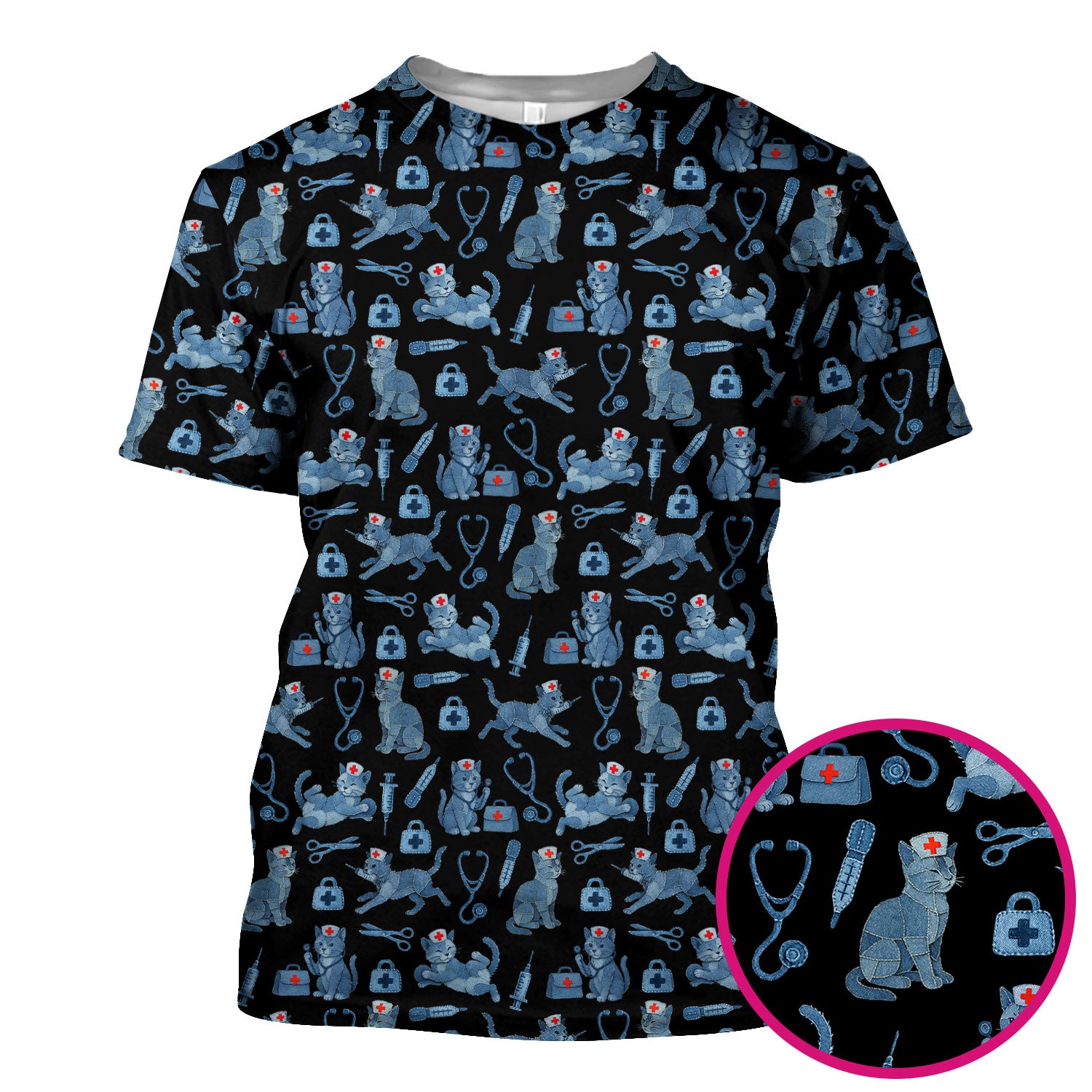 Funny Cat Scrubs for Women - Cute Kitty Pattern Medical Scrub Top - Playful Nurse Scrubs with Adorable Cat Design for Animal Lovers