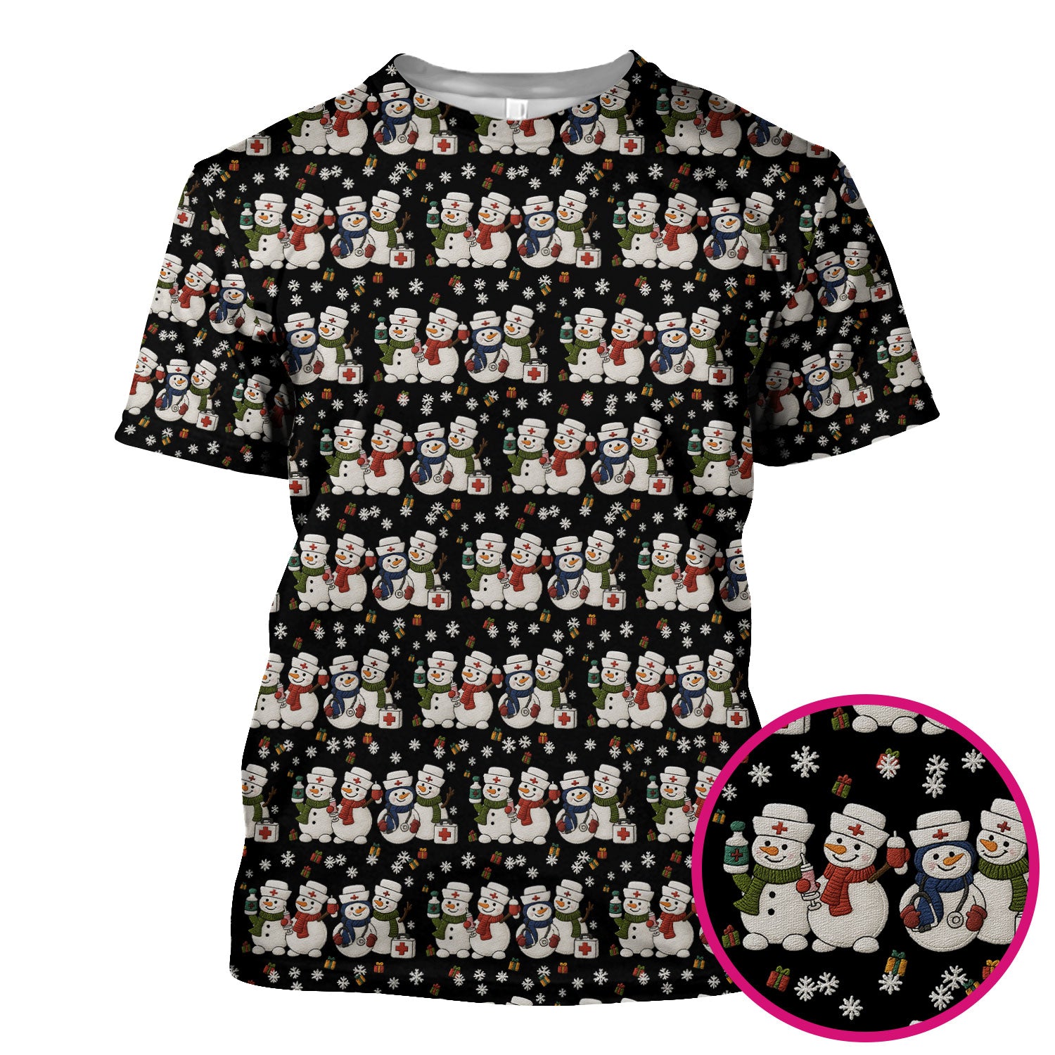 Cute Christmas Snowman Nurse Pattern Scrub Top, Breathable Fabrics Nursing Uniform