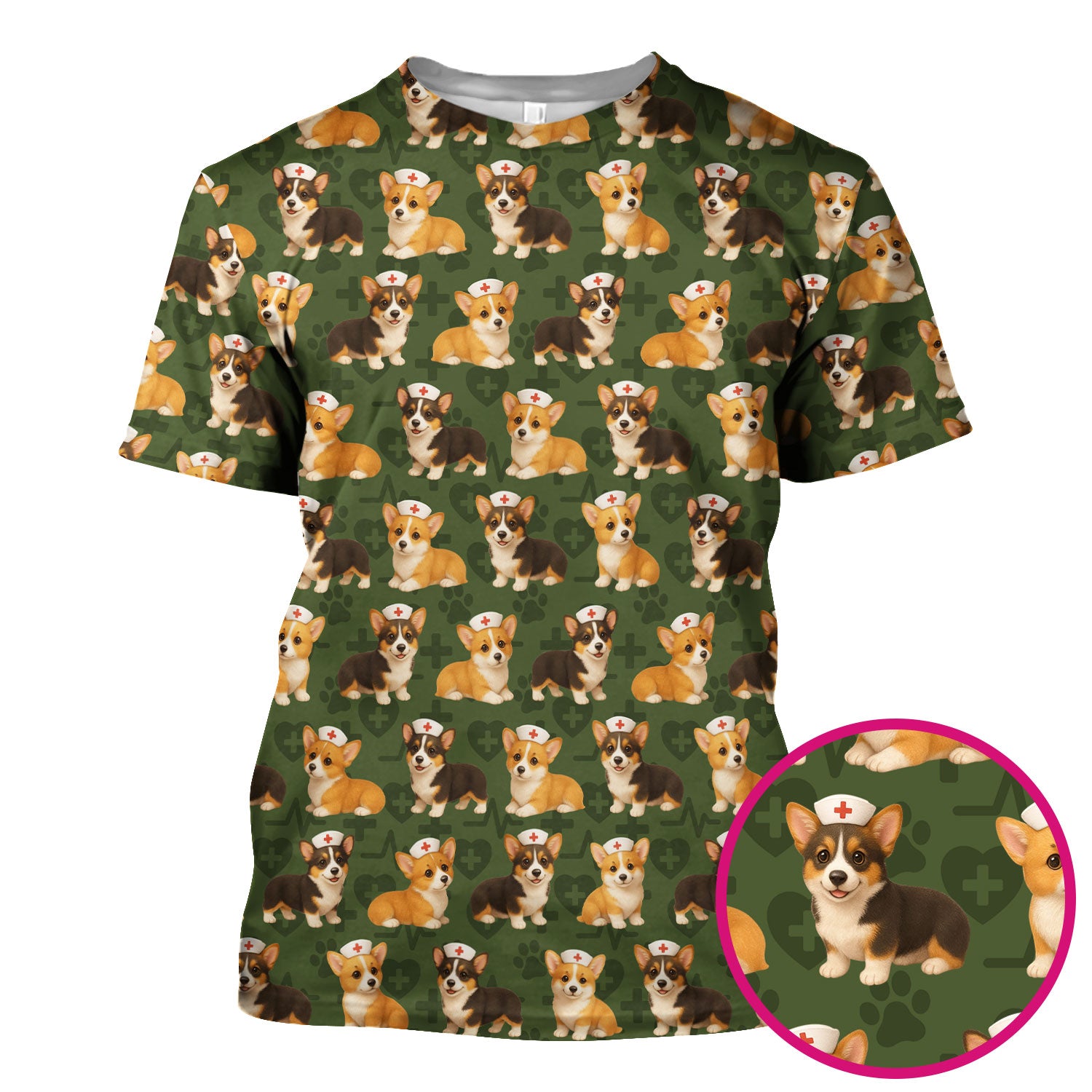 Christmas Corgi Scrubs for Women - Cute Dog Pattern Medical Scrub Top - Festive Holiday Christmas Scrubs with Adorable Corgi Design